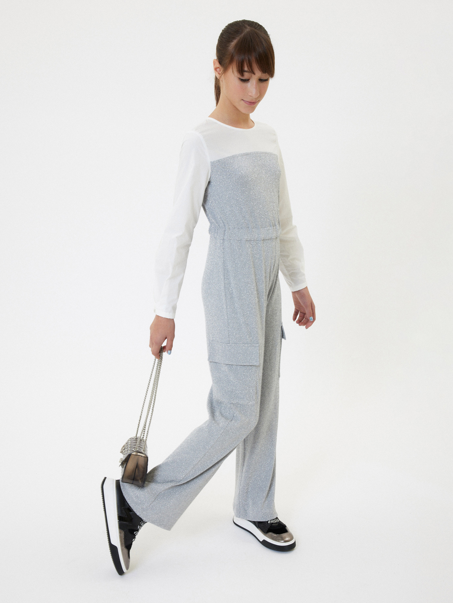 Monnalisa Two-tone Glitter Jumpsuit In Grey + Cream
