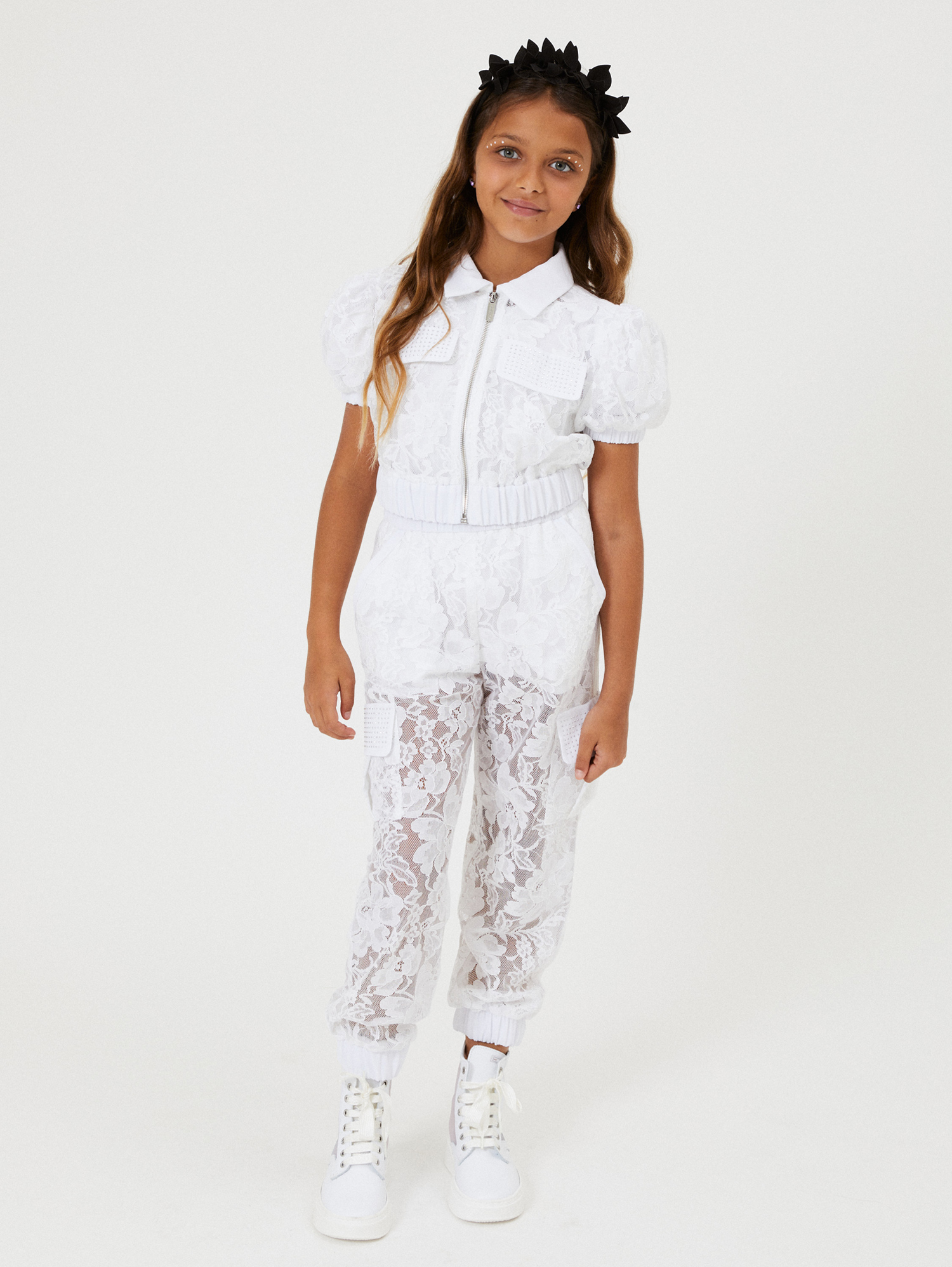Shop Monnalisa Rebrodé Lace Cargo Trousers In White