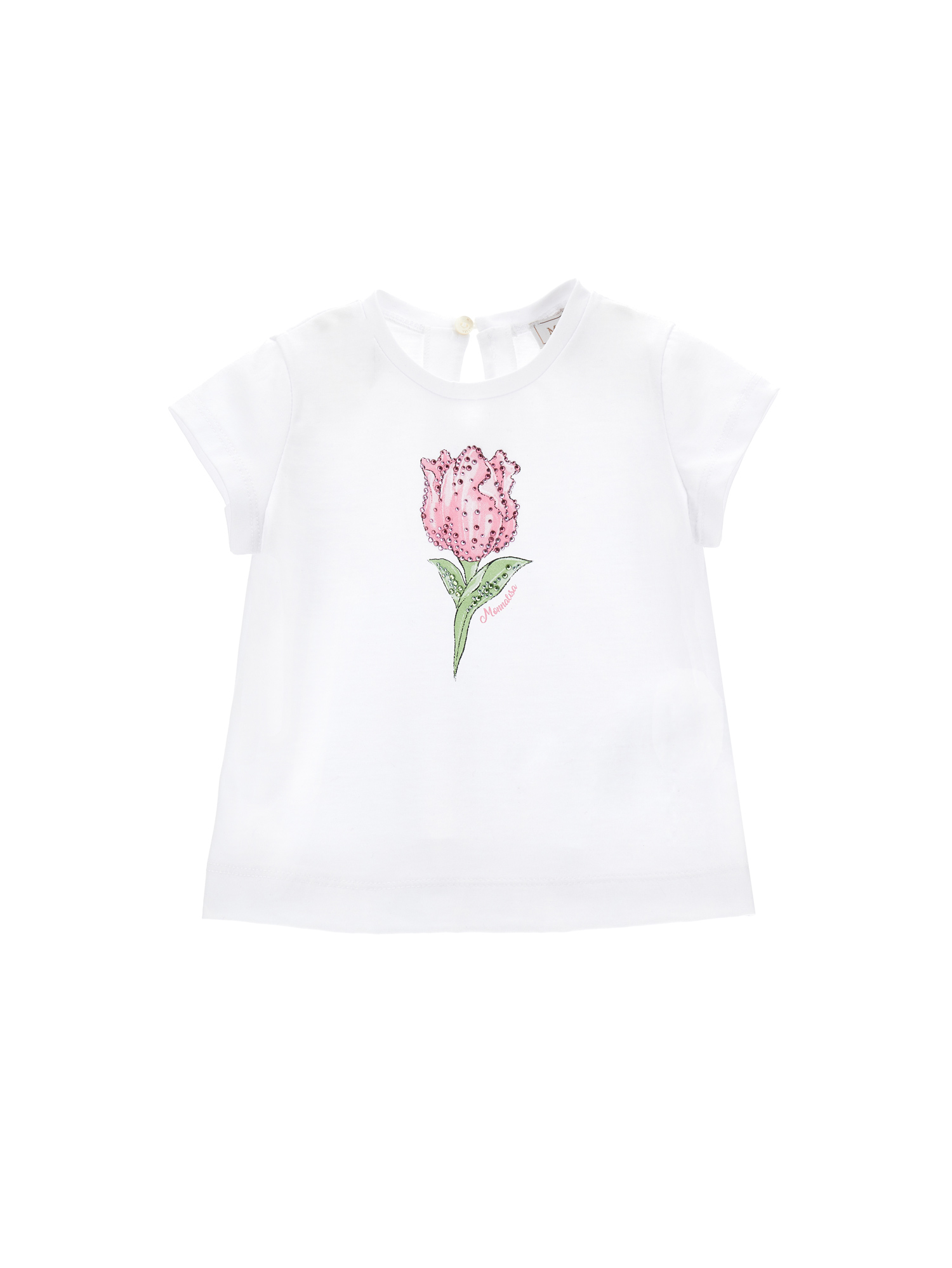 Monnalisa Kids'   Tulip Print Cotton T-shirt With Rhinestones In White