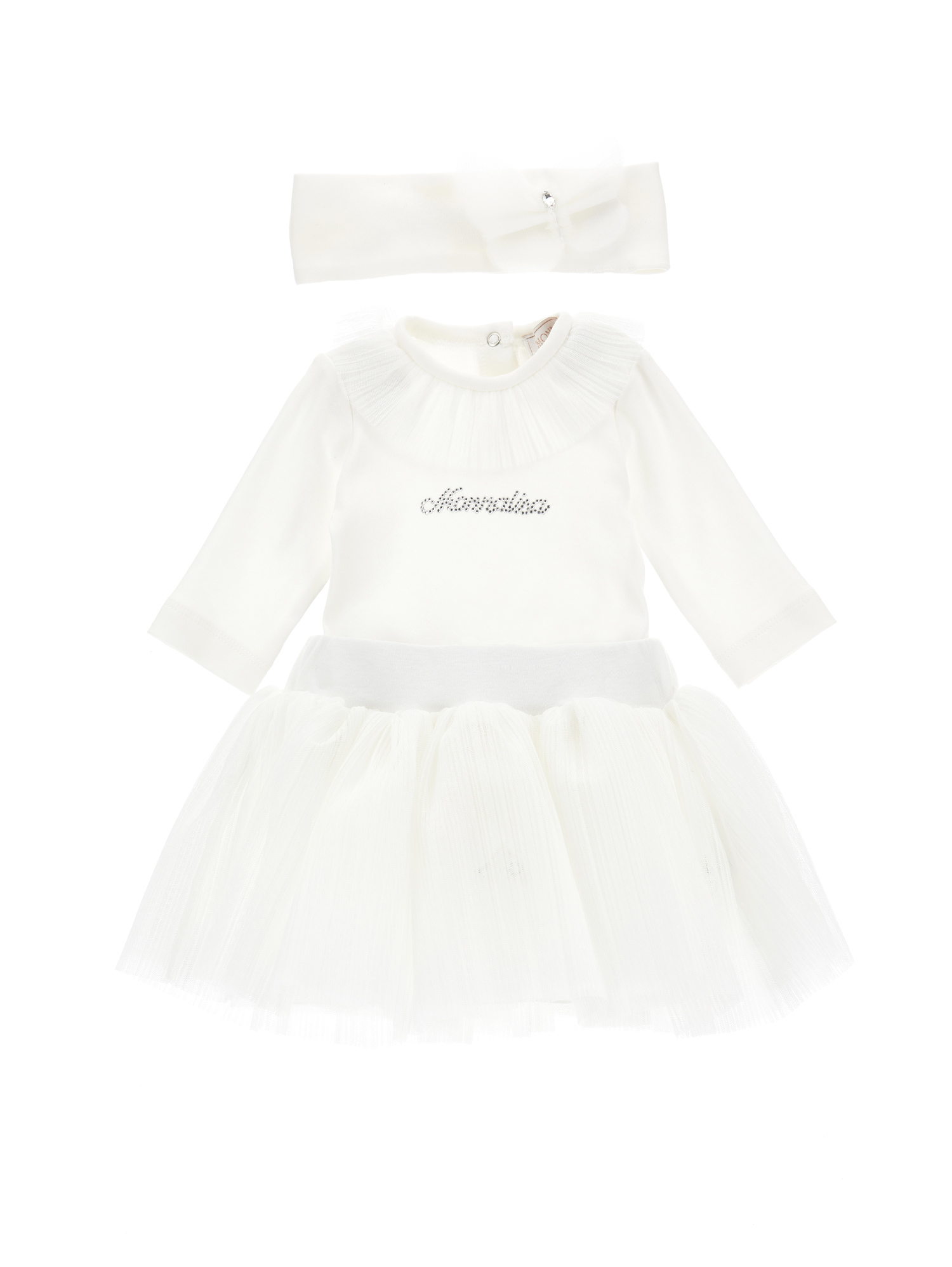 Monnalisa Three-piece Cotton Baby Girl Set In Cream
