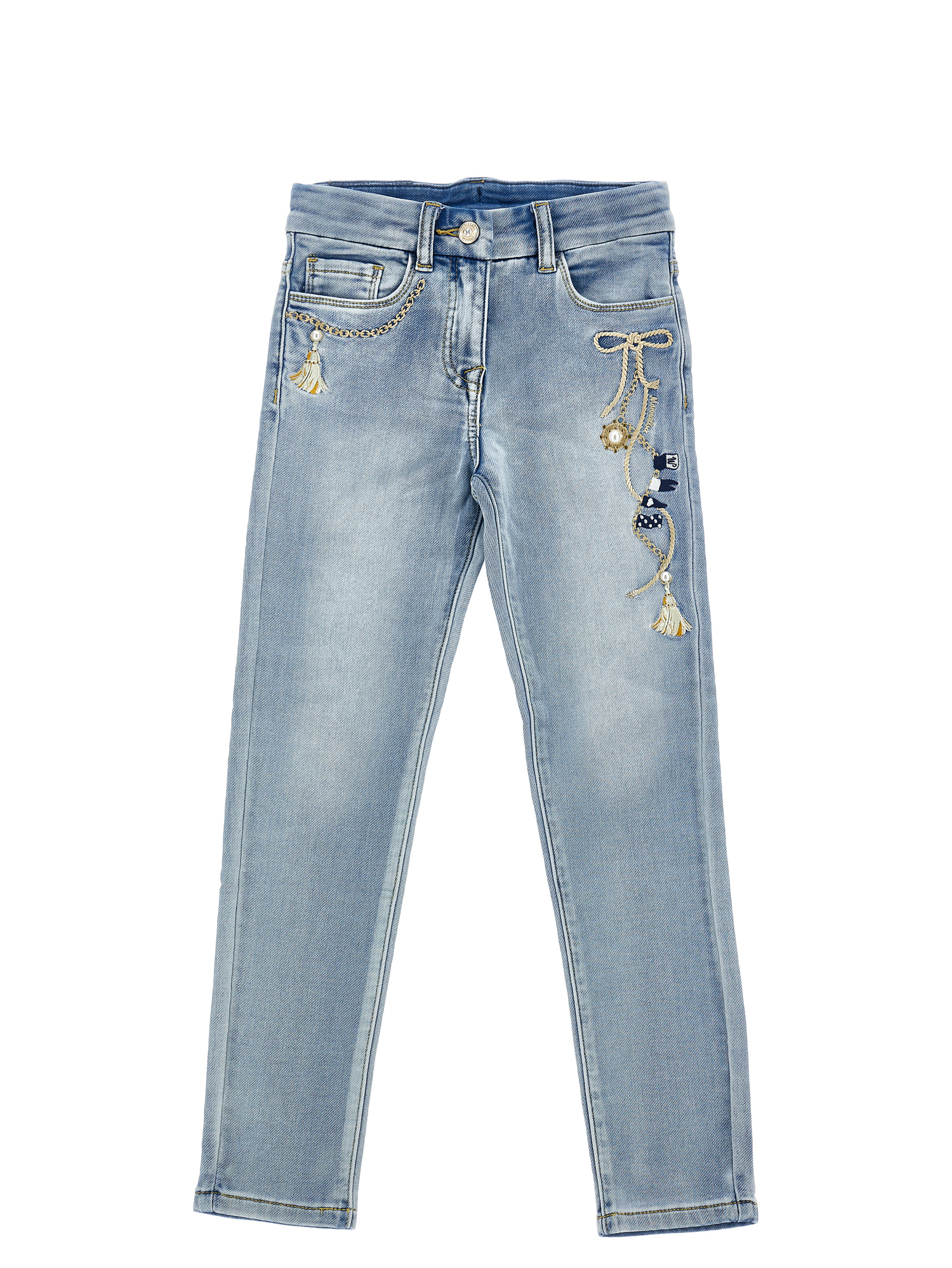 Monnalisa Kids'   Embroidered Jeans In Stone Bleach