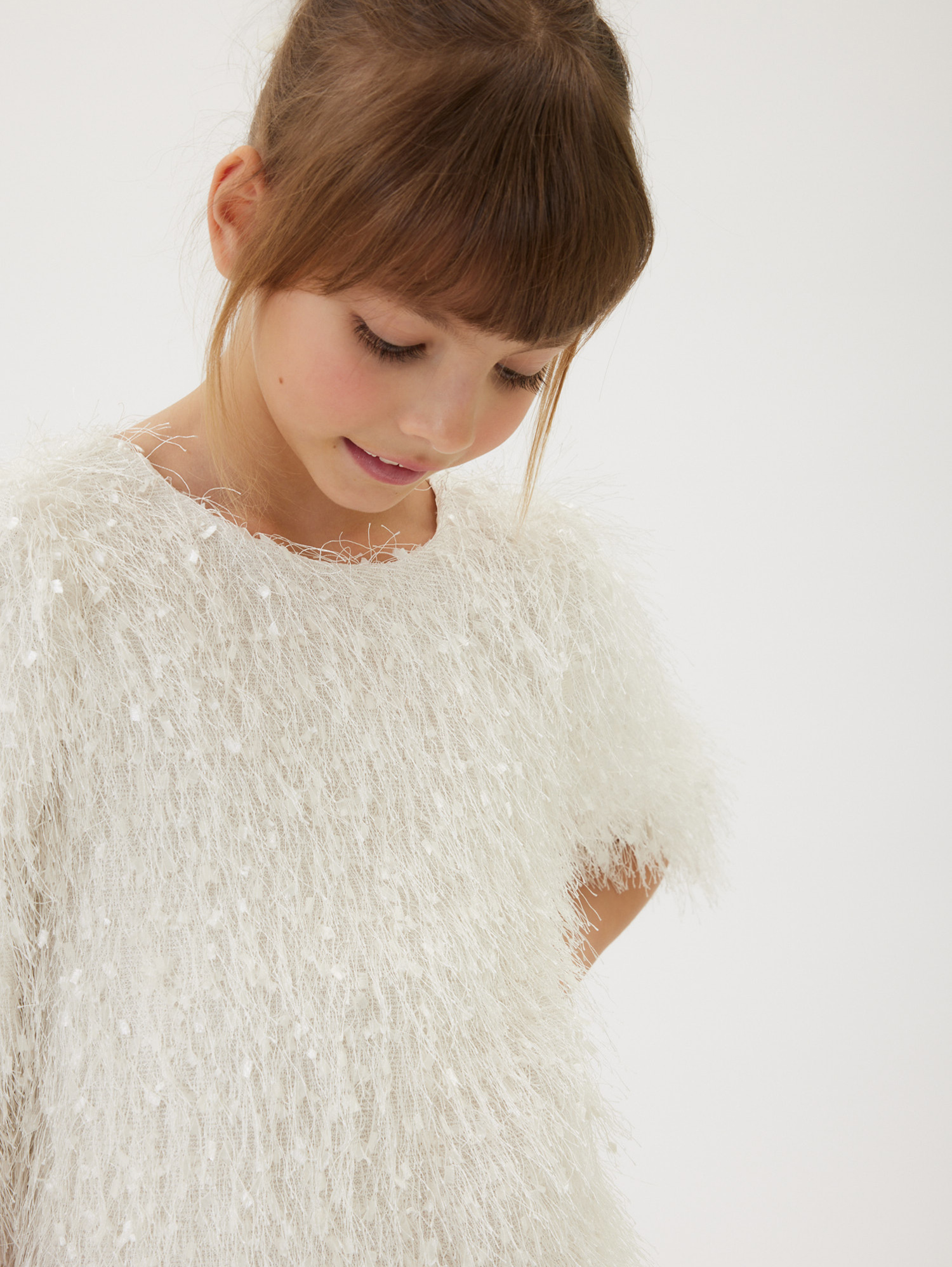Monnalisa Viscose Fringe Dress In Ecru