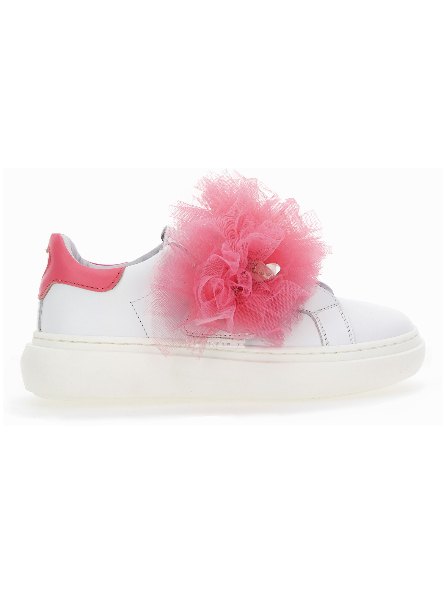 Monnalisa Nappa Leather And Tulle Sneakers In White + Cherry Red