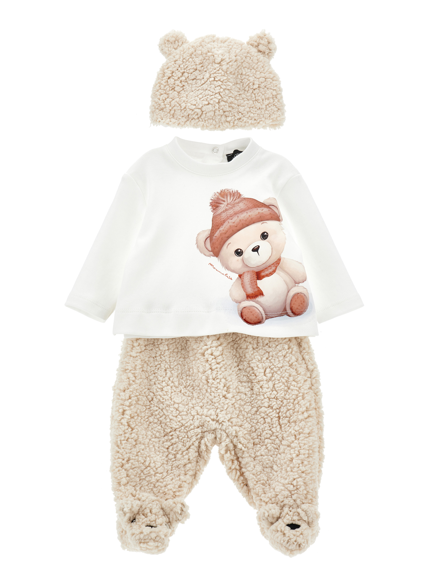 Monnalisa Three-piece Plush Set In Cream + Cream