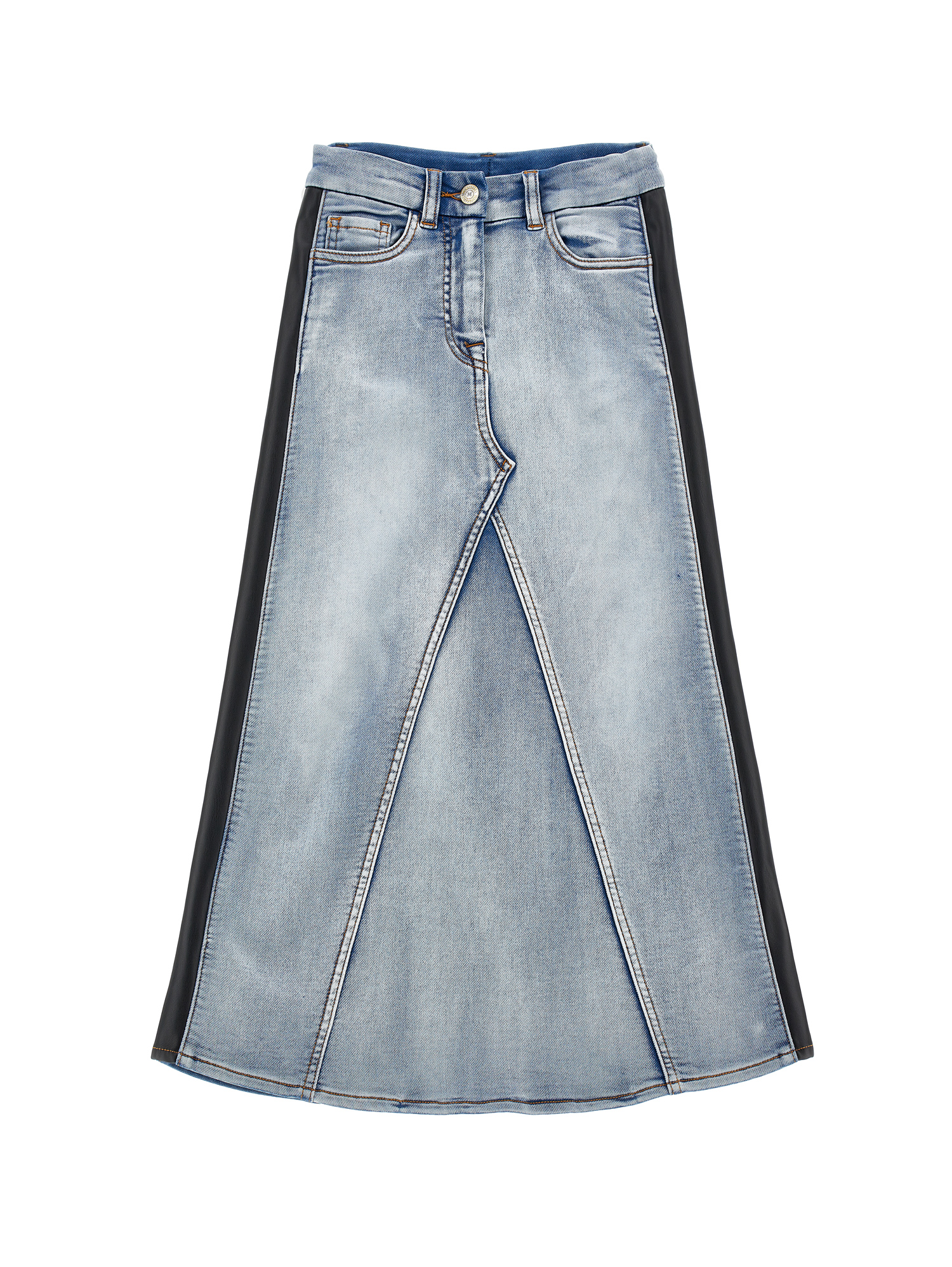 Monnalisa Denim Skirt With Side Bands In Stone Bleach