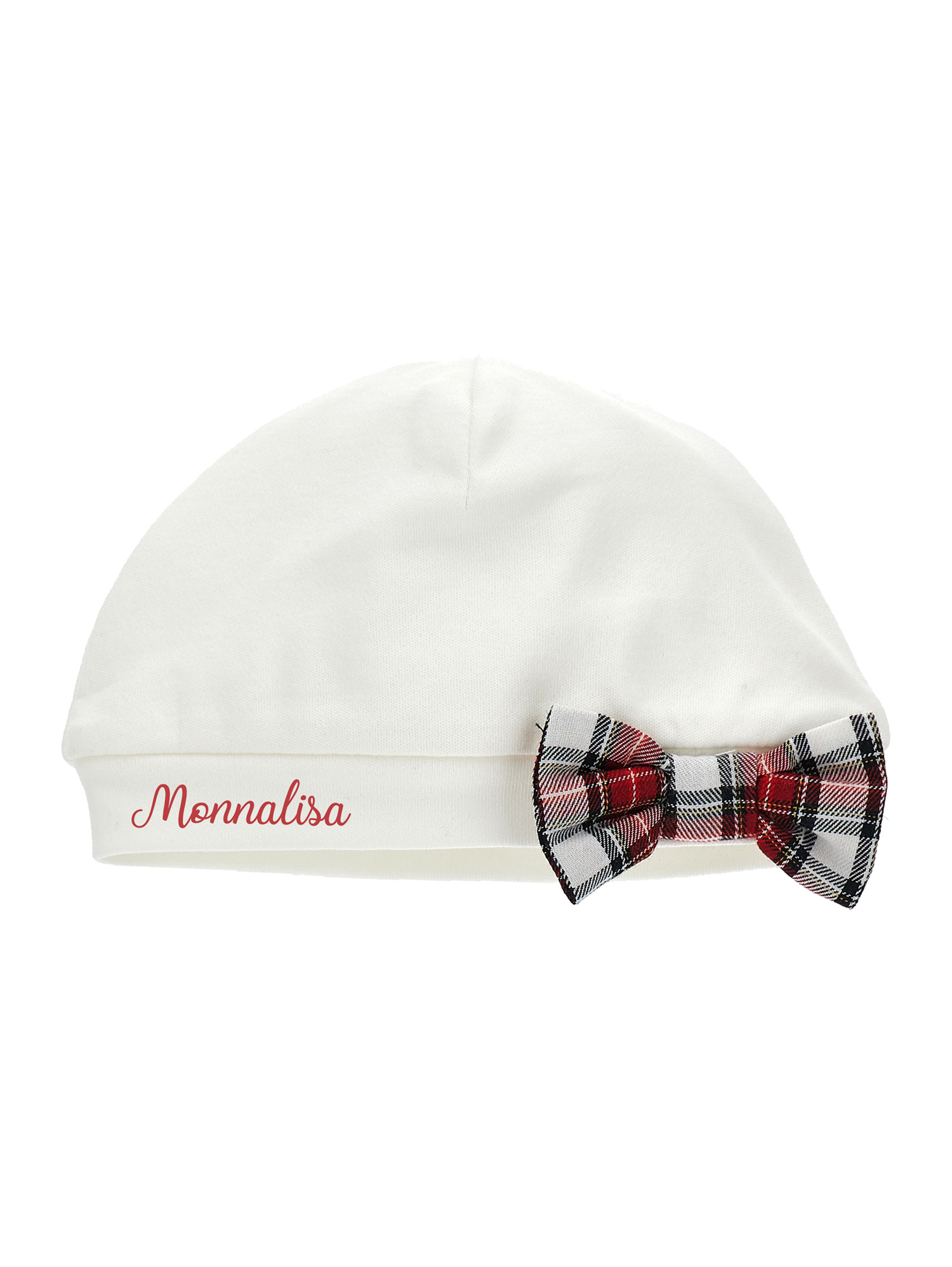 Monnalisa Jersey Hat With Tartan Bow In Cream + Ruby Red