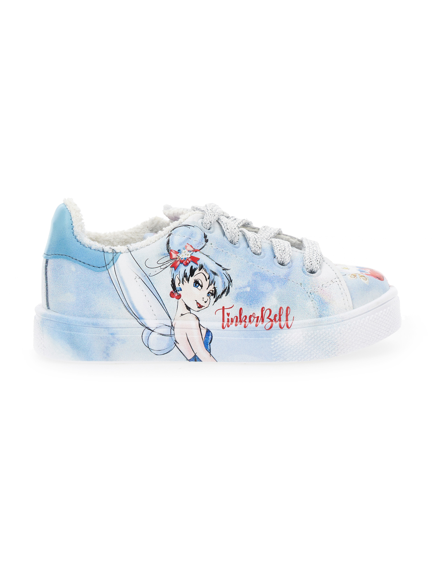 Monnalisa Tinkerbell Print Sneakers In Cream White + Sky Blue