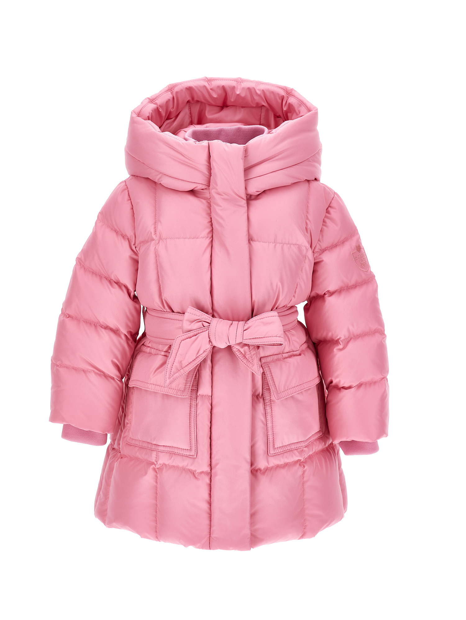 Monnalisa Goose Down Padded Jacket With Belt In Bright Peach Pink