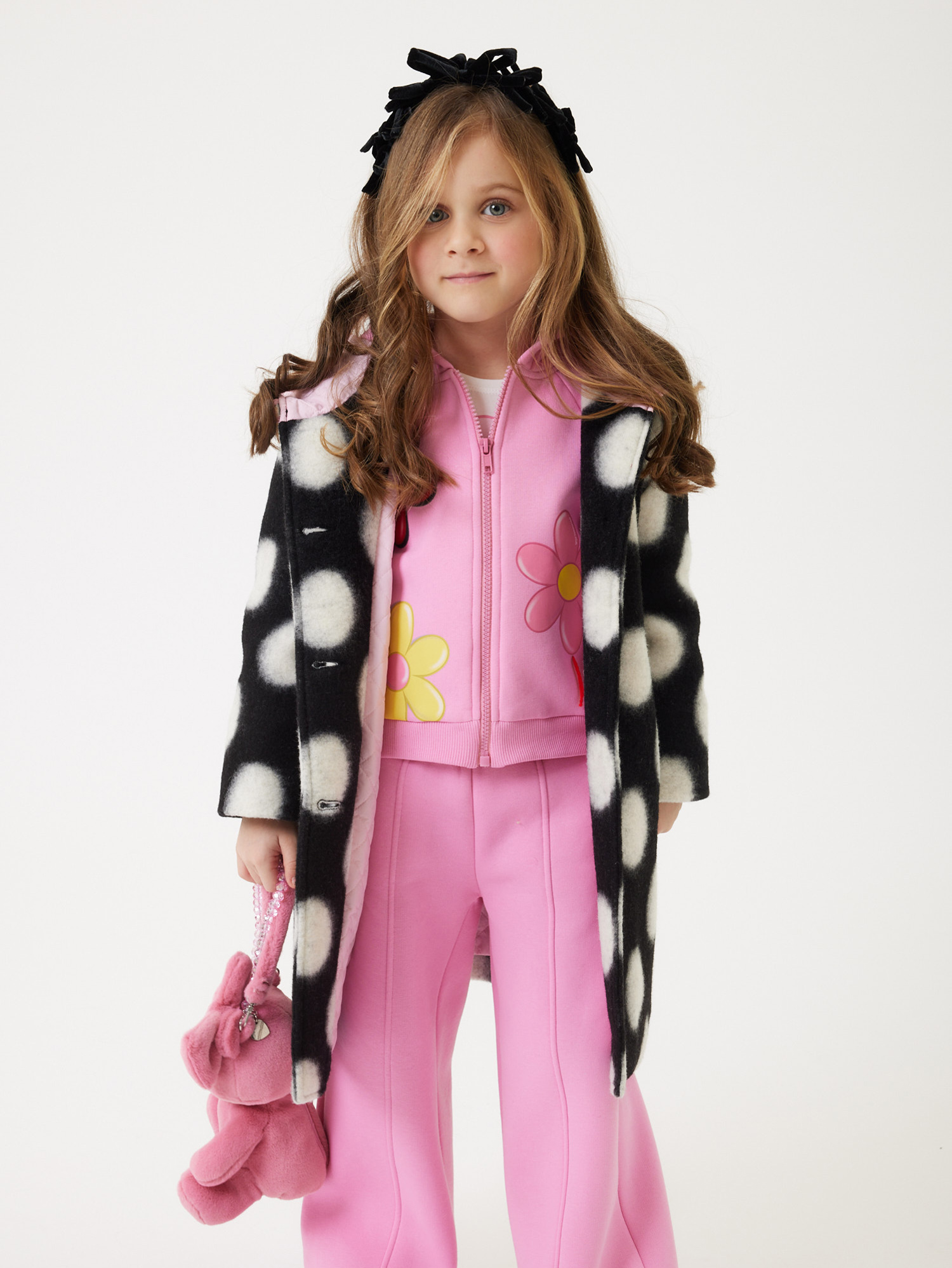 Monnalisa Polka Dot Boiled Wool Coat In Black + Cream