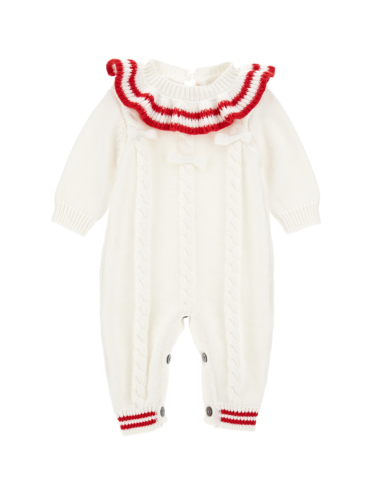 Monnalisa Knitted Playsuit With Collar And Cable Knit In Cream + Ruby Red