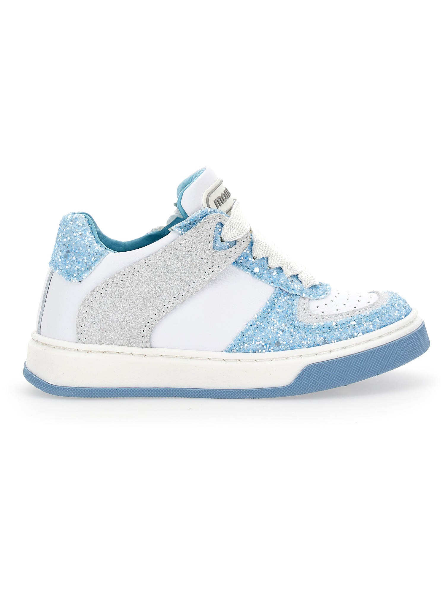Monnalisa Crust Leather And Glitter Sneakers In Cream White + Sky Blue