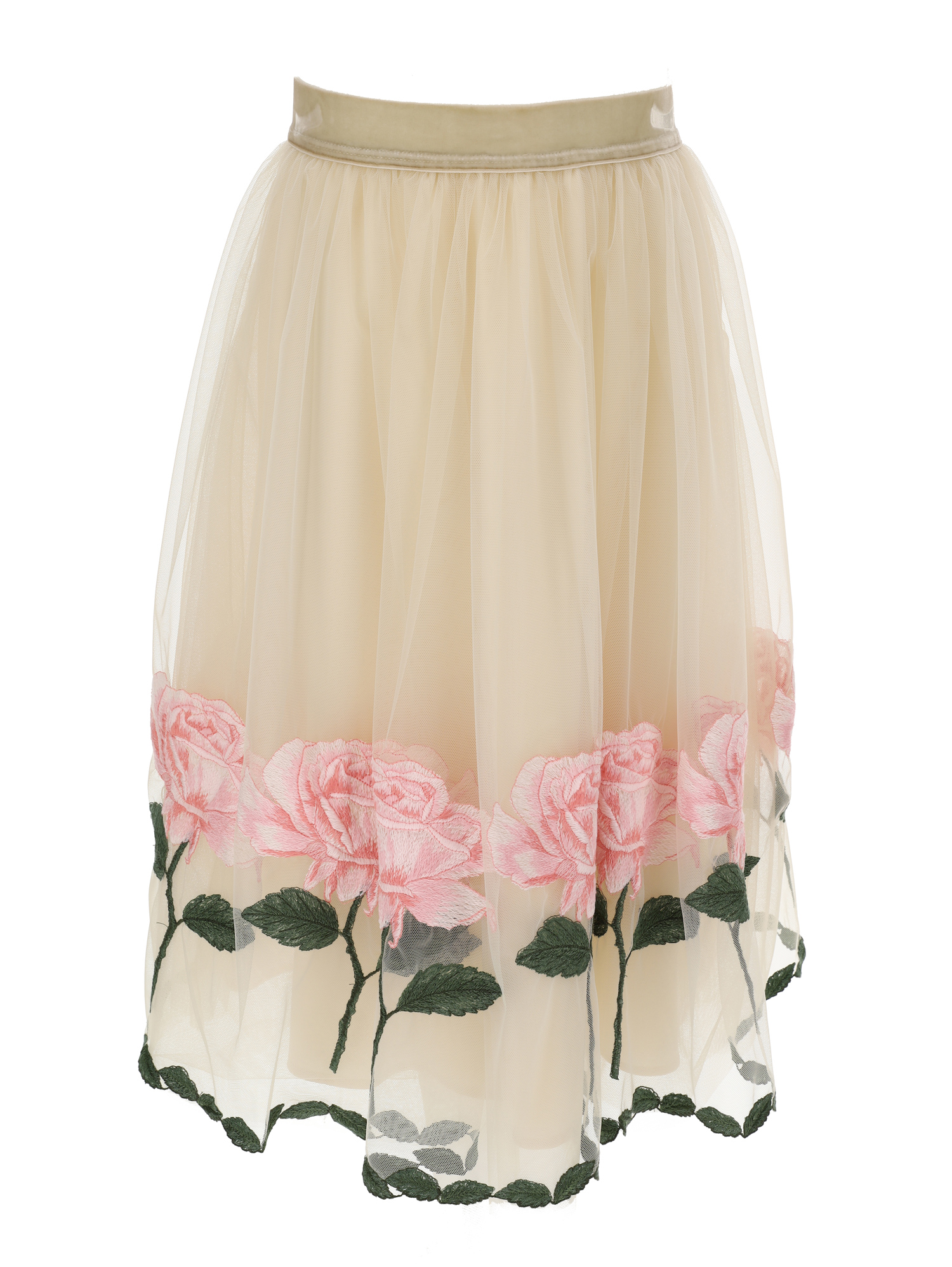 Monnalisa Embroidered Tulle Longuette Skirt In Beige + Antique Rose