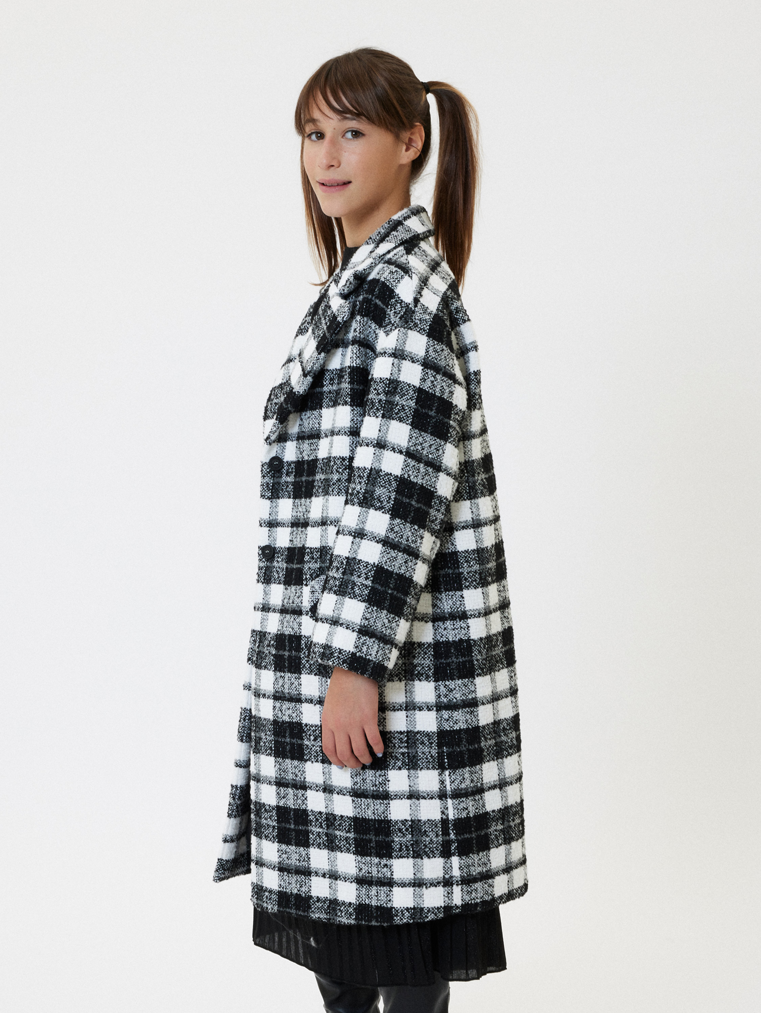 Monnalisa Bouclé Check Overcoat (2-12 Years) In Cream + Black