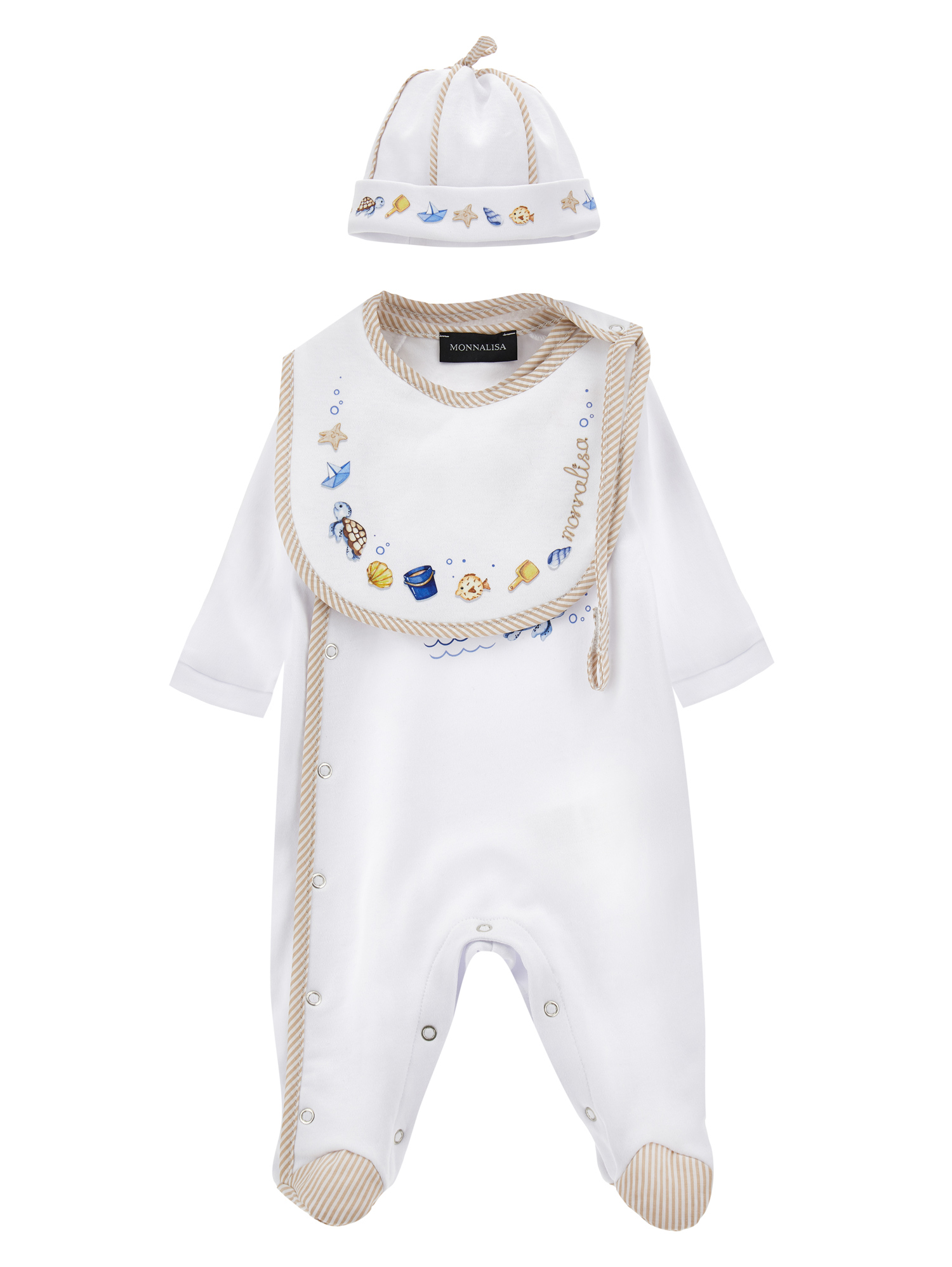 Monnalisa Babies'   Newborn Set Mickey Mouse Cotton Three-piece In White + Ecru