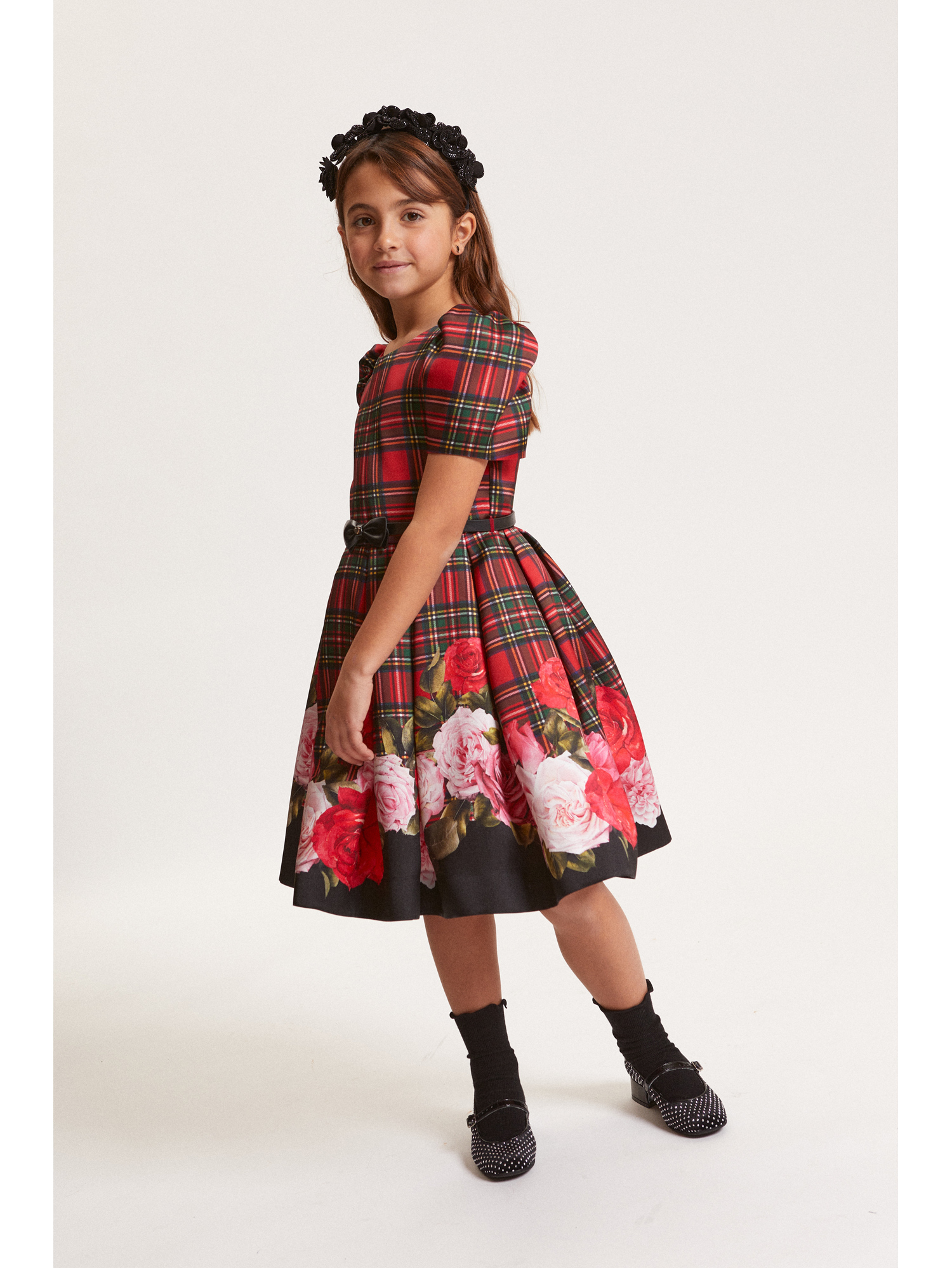 Monnalisa Scottish Dress And Roses In Red
