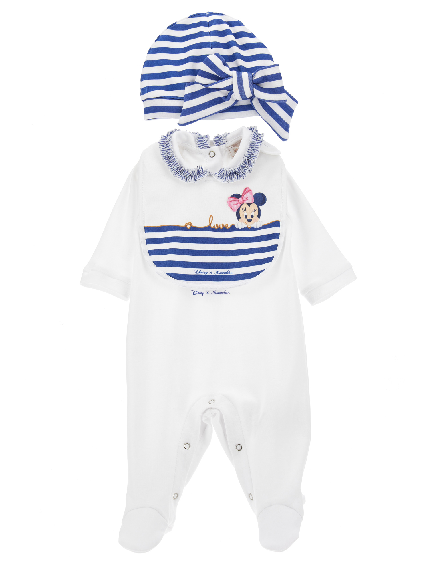 Monnalisa Three-piece Minnie Baby Girl Set In White + Blue