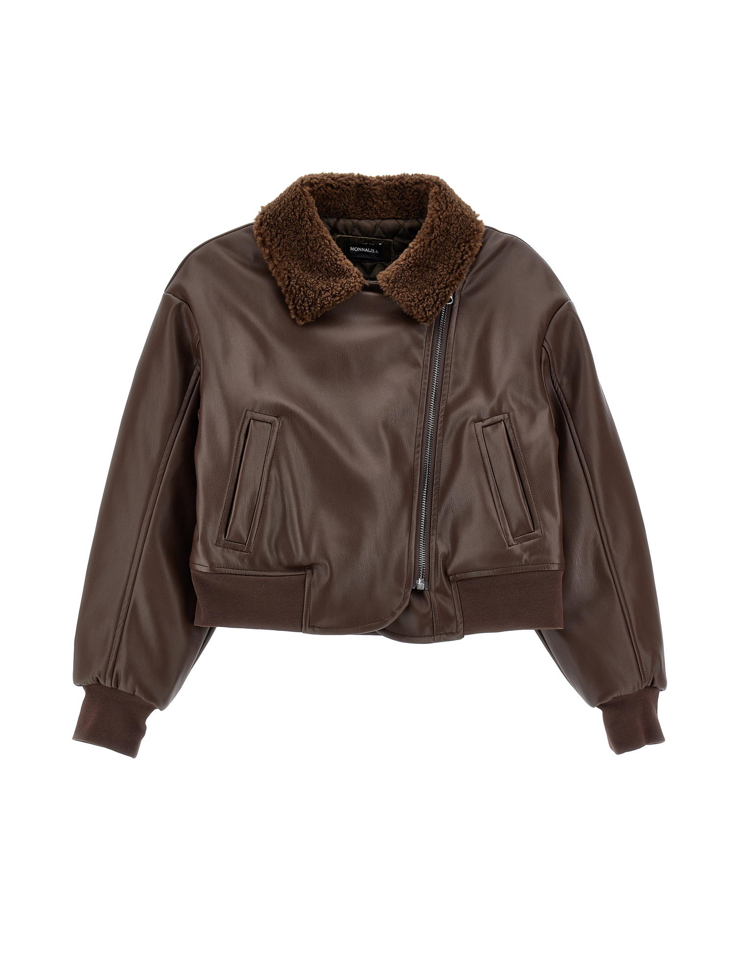 Monnalisa Coated Fabric Bomber Biker Jacket In Dark Brown