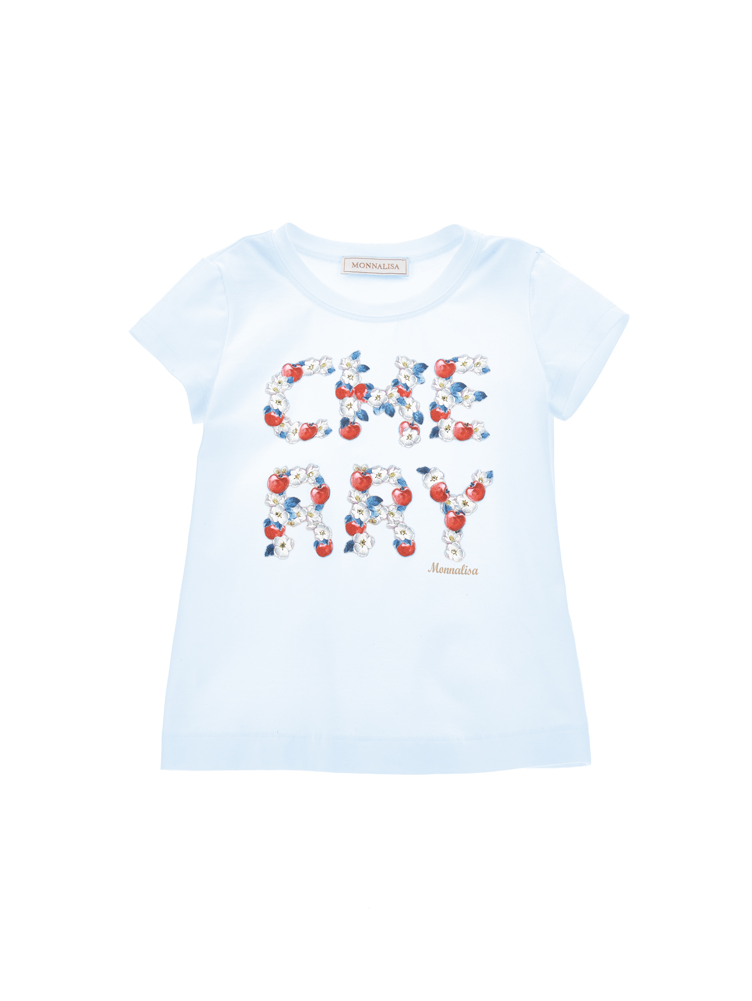 Monnalisa Babies'   Cherry Print Cotton T-shirt In Sky Blue