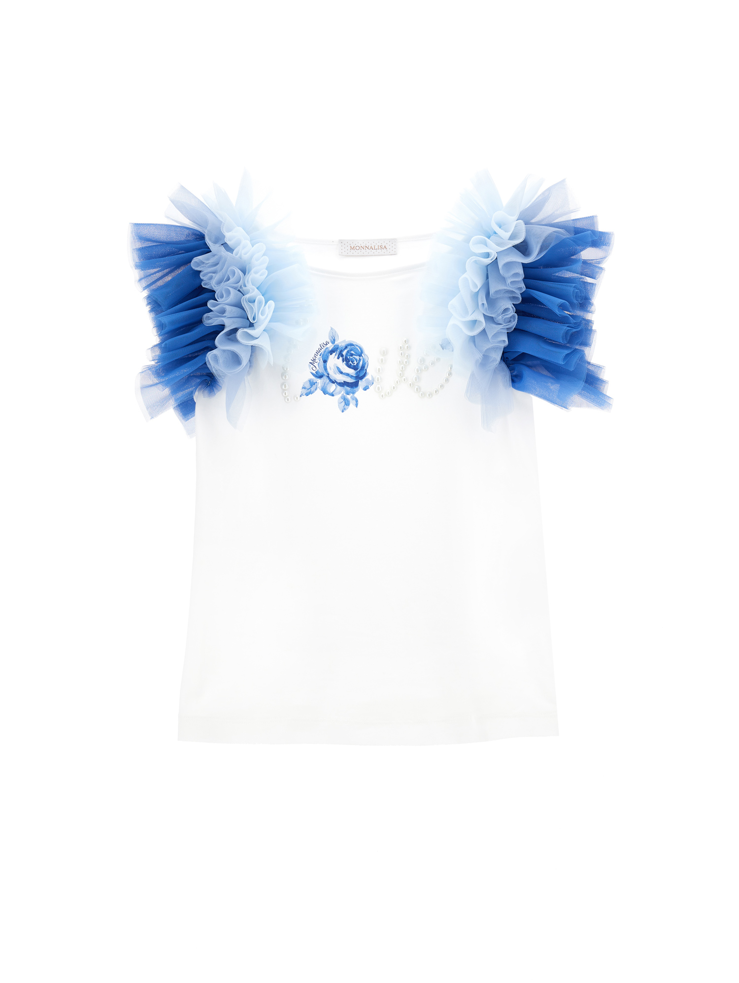 Monnalisa Kids'   Jersey T-shirt With Trim And Love In Cream White + Sky Blue