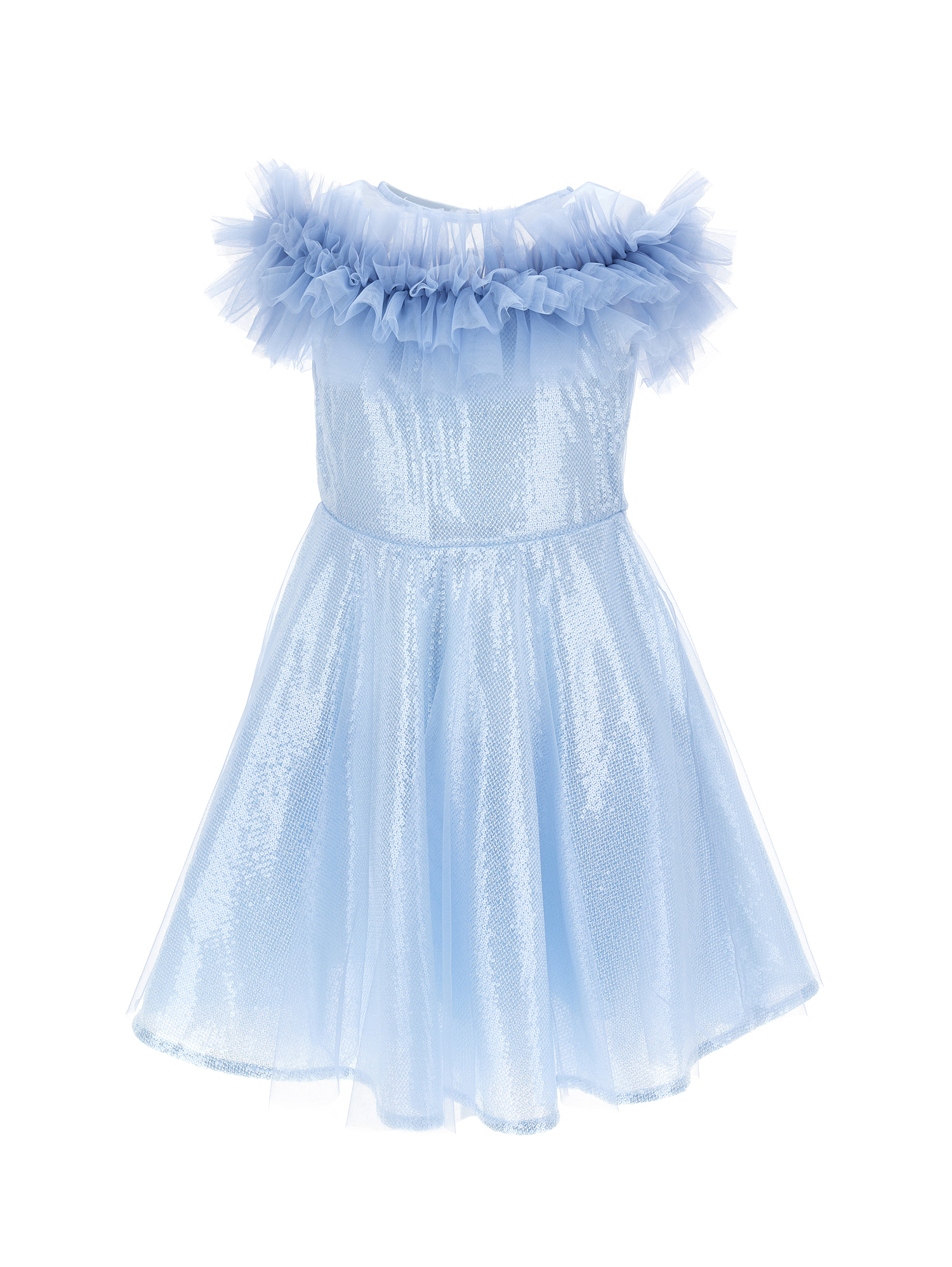 Monnalisa Sequinned Dress With Micro-flounces In Sky Blue