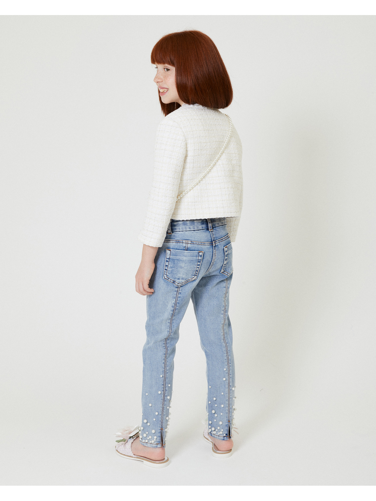 Shop Monnalisa Jeans With Dégradé Pearls In Turquoise