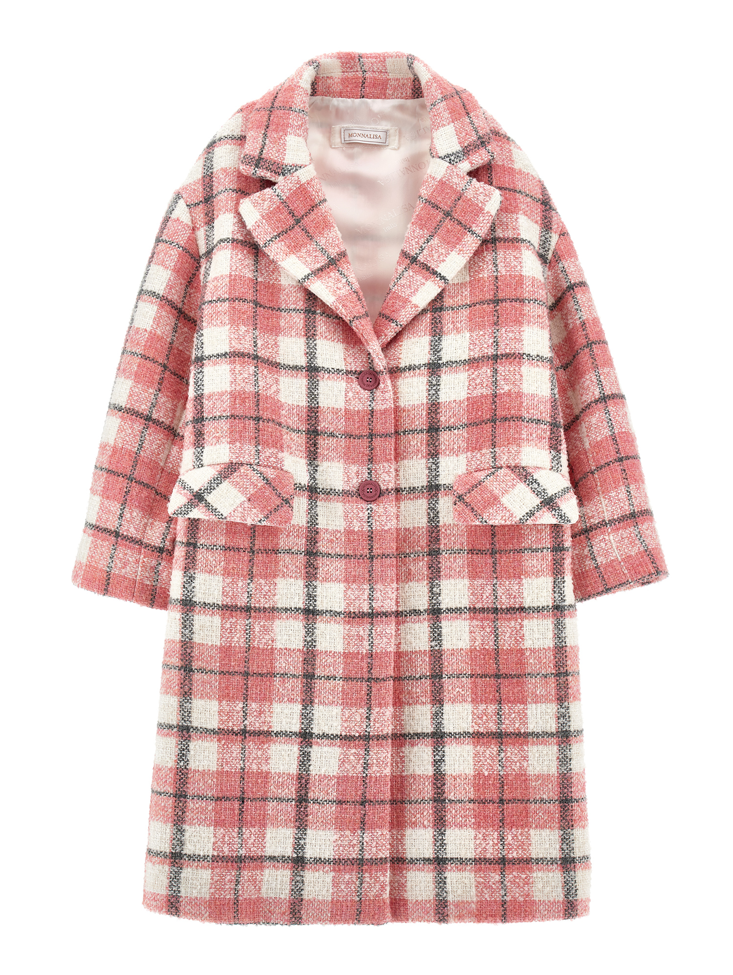 Monnalisa Tartan Bouclé Coat In Violet + Light Grey