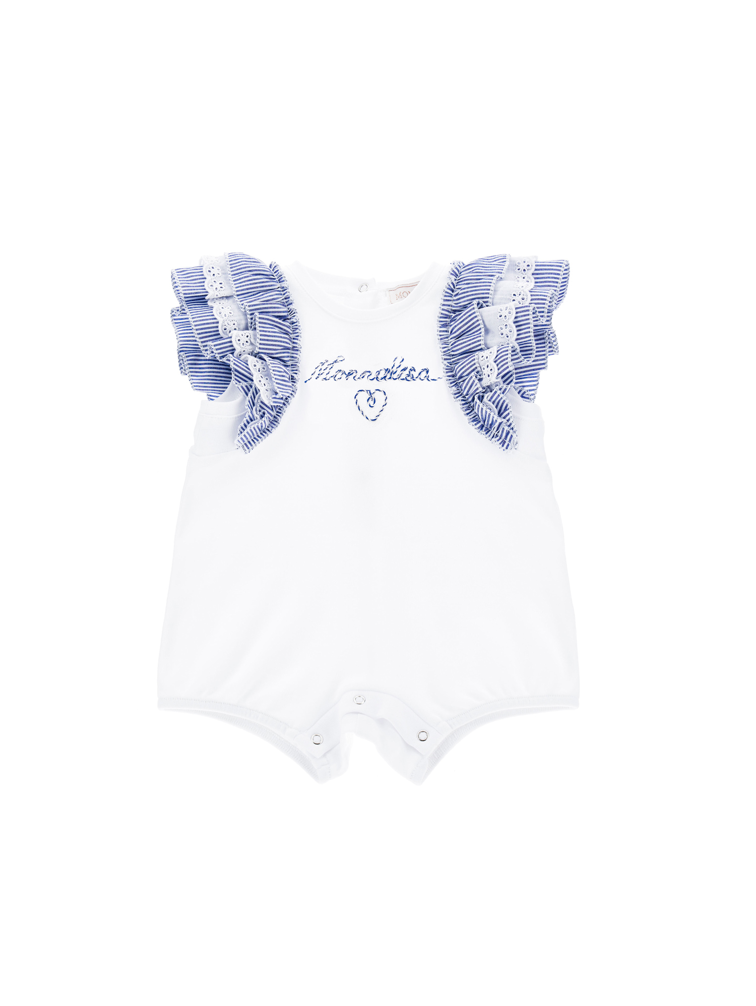 Monnalisa Kids'   Romper With Logoed Ruffles In White + Blue