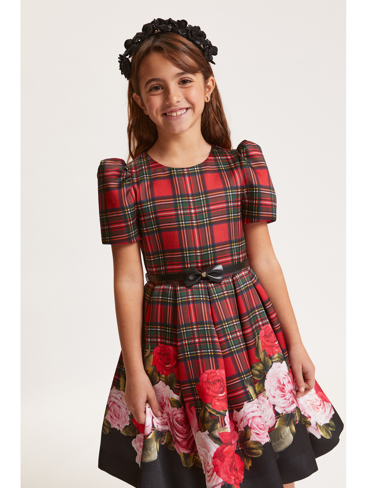 Monnalisa Scottish Dress And Roses In Red