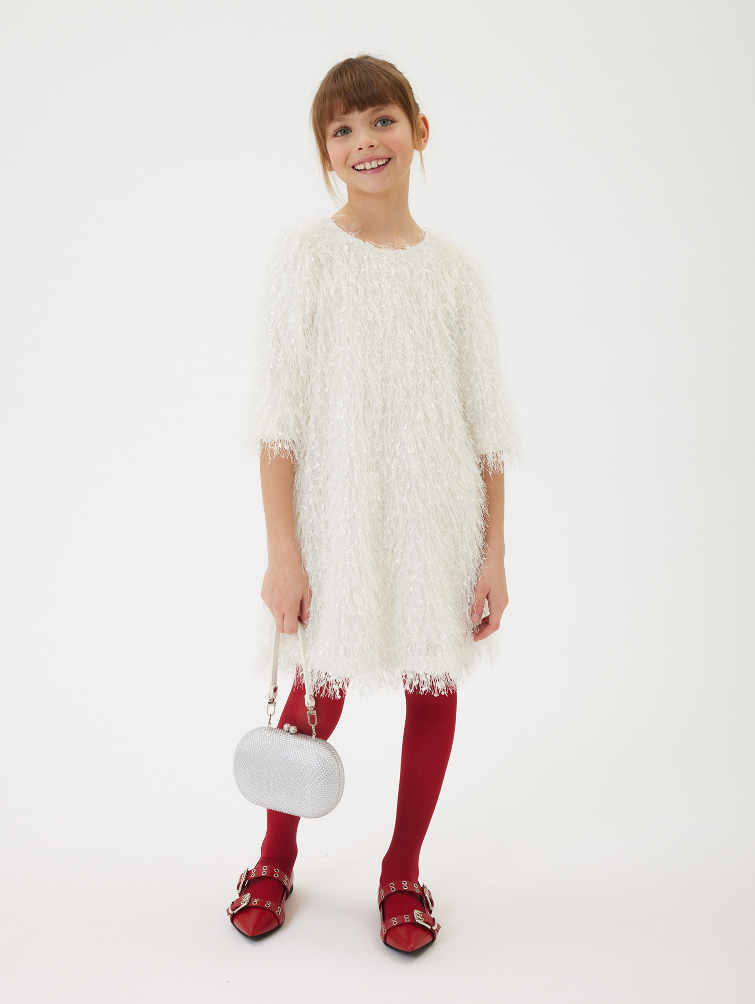 Monnalisa Viscose Fringe Dress In Ecru