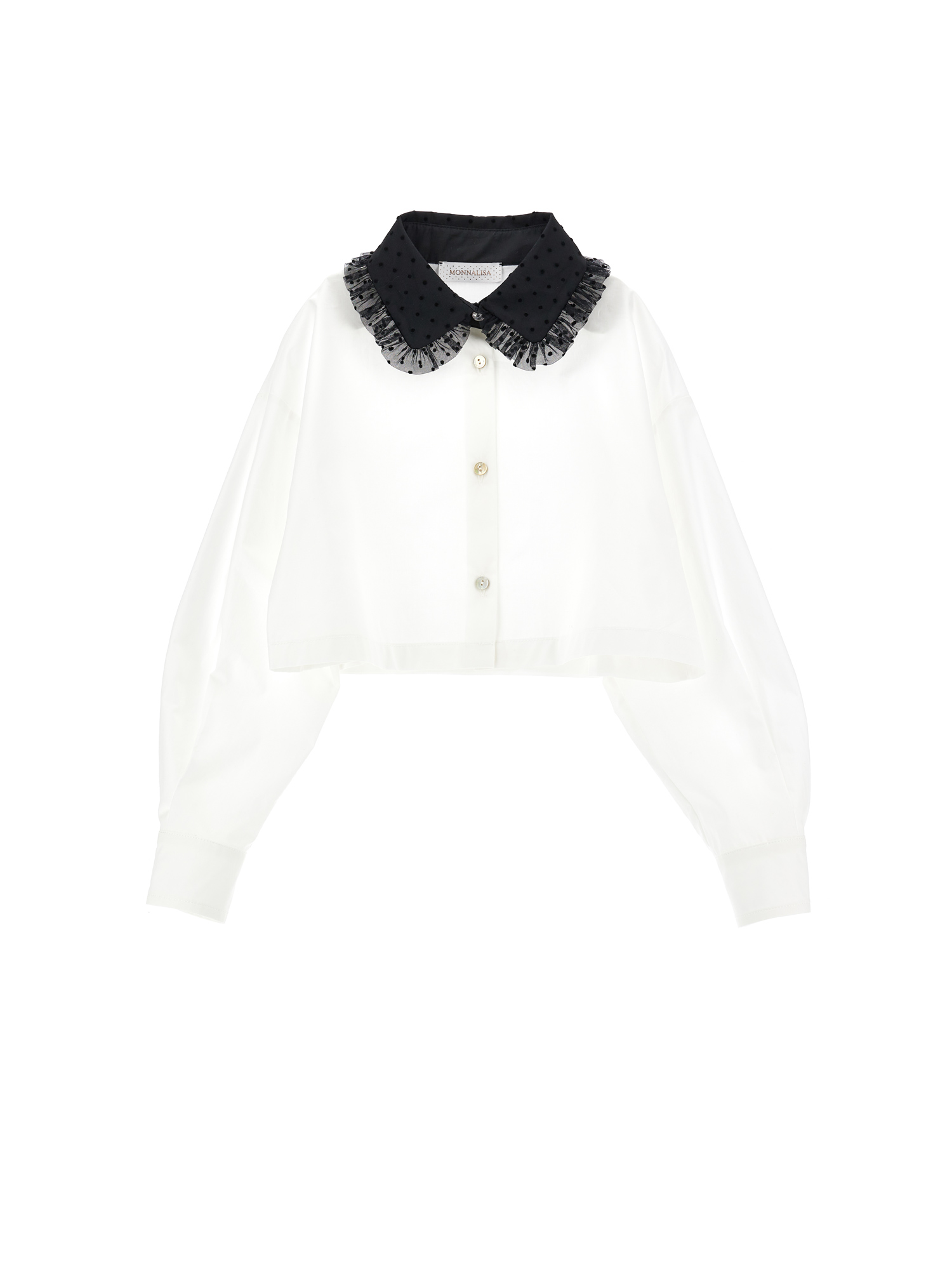Monnalisa Velvet Collar Cropped Shirt In Cream + Black