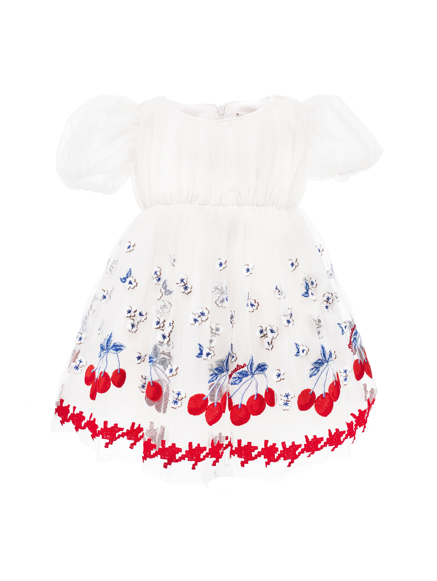 Shop Monnalisa Cherry Embroidery Tulle Dress In White