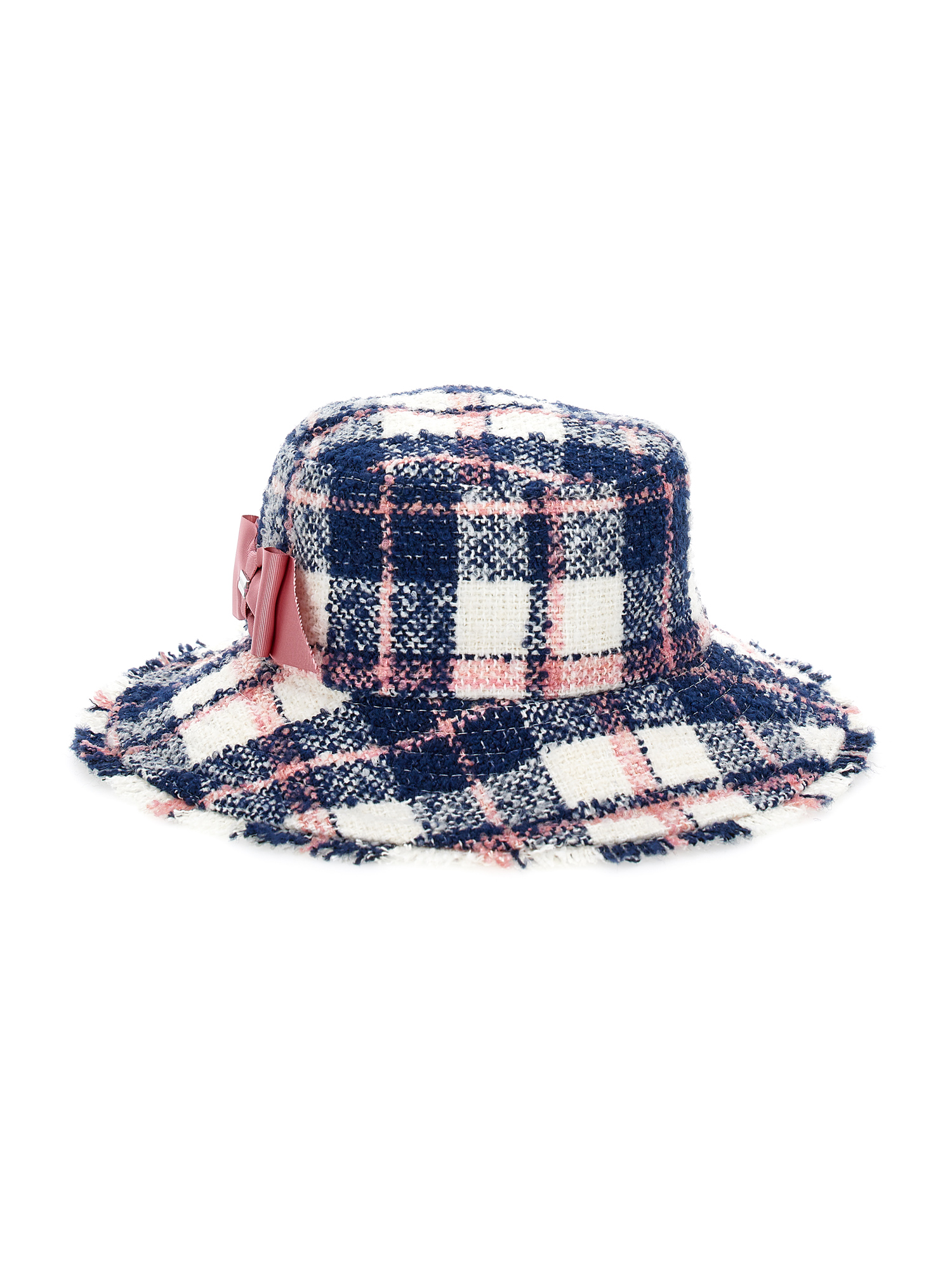 Monnalisa Tartan Hat With Small Brim In Navy Blue + Cyclamen