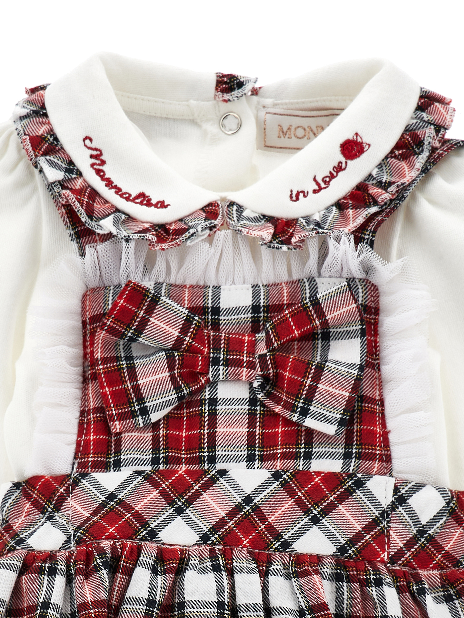 Monnalisa Two-piece Bodysuit And Pinafore Set In Cream + Ruby Red