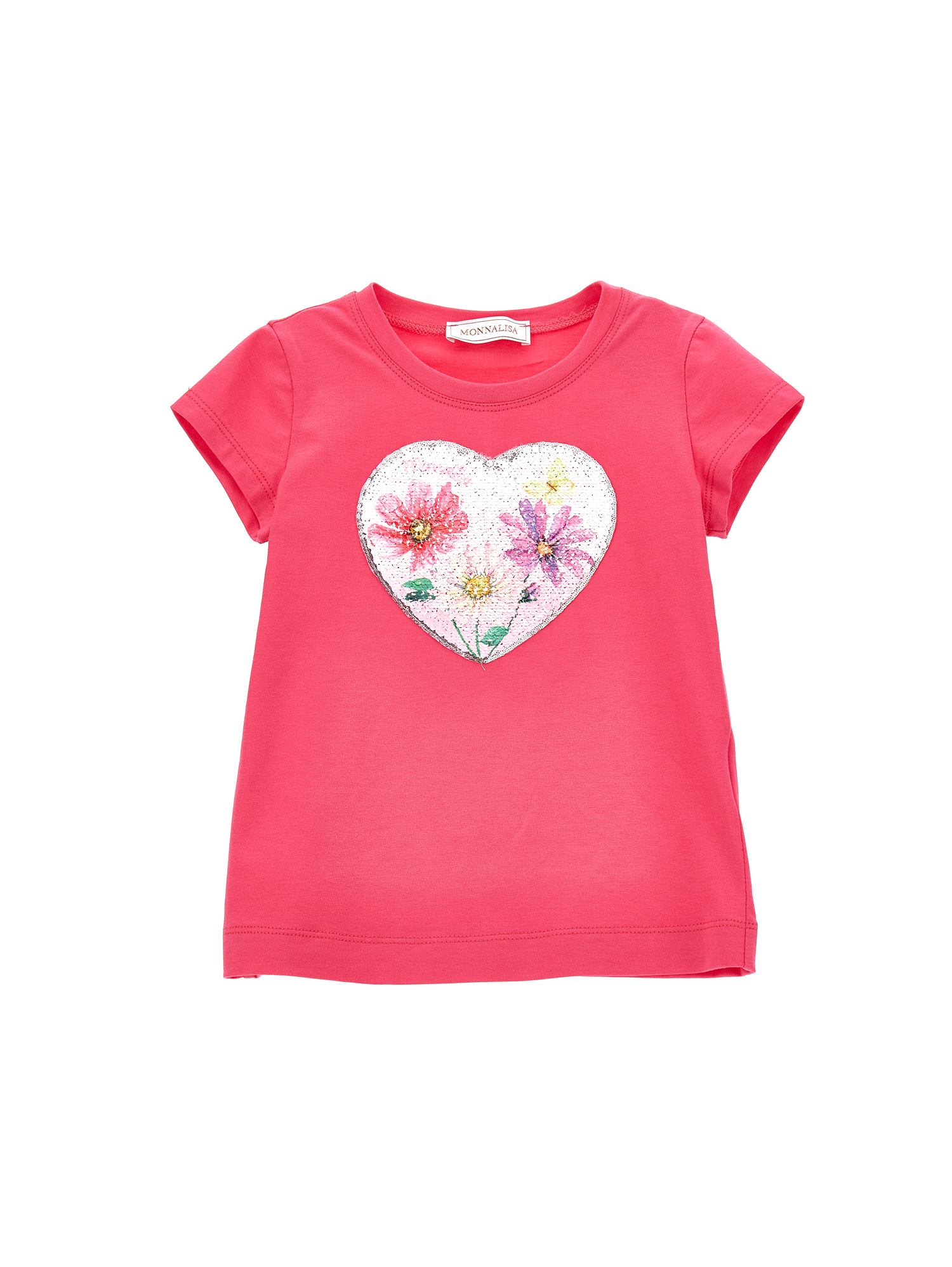 Monnalisa Kids'   Sequinned Heart Jersey T-shirt In Bright Peach Pink