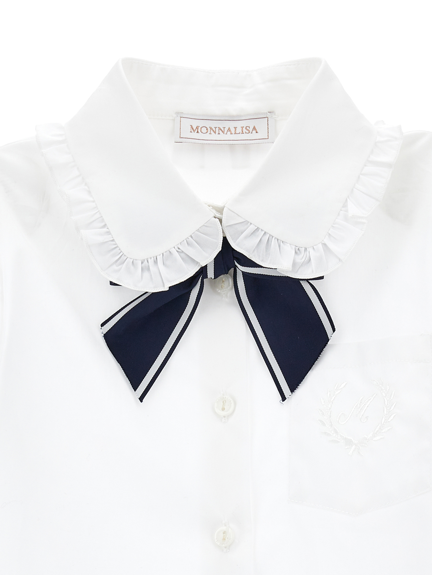 Monnalisa Stretch Shirt With Bow In White + Blue