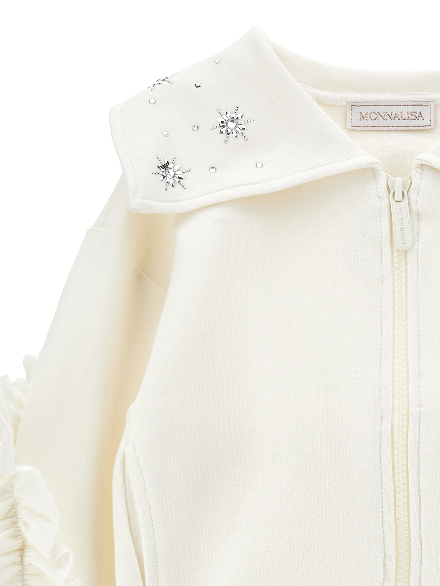 Monnalisa Zip-up Sweatshirt With Crystals And Ruffles In Cream