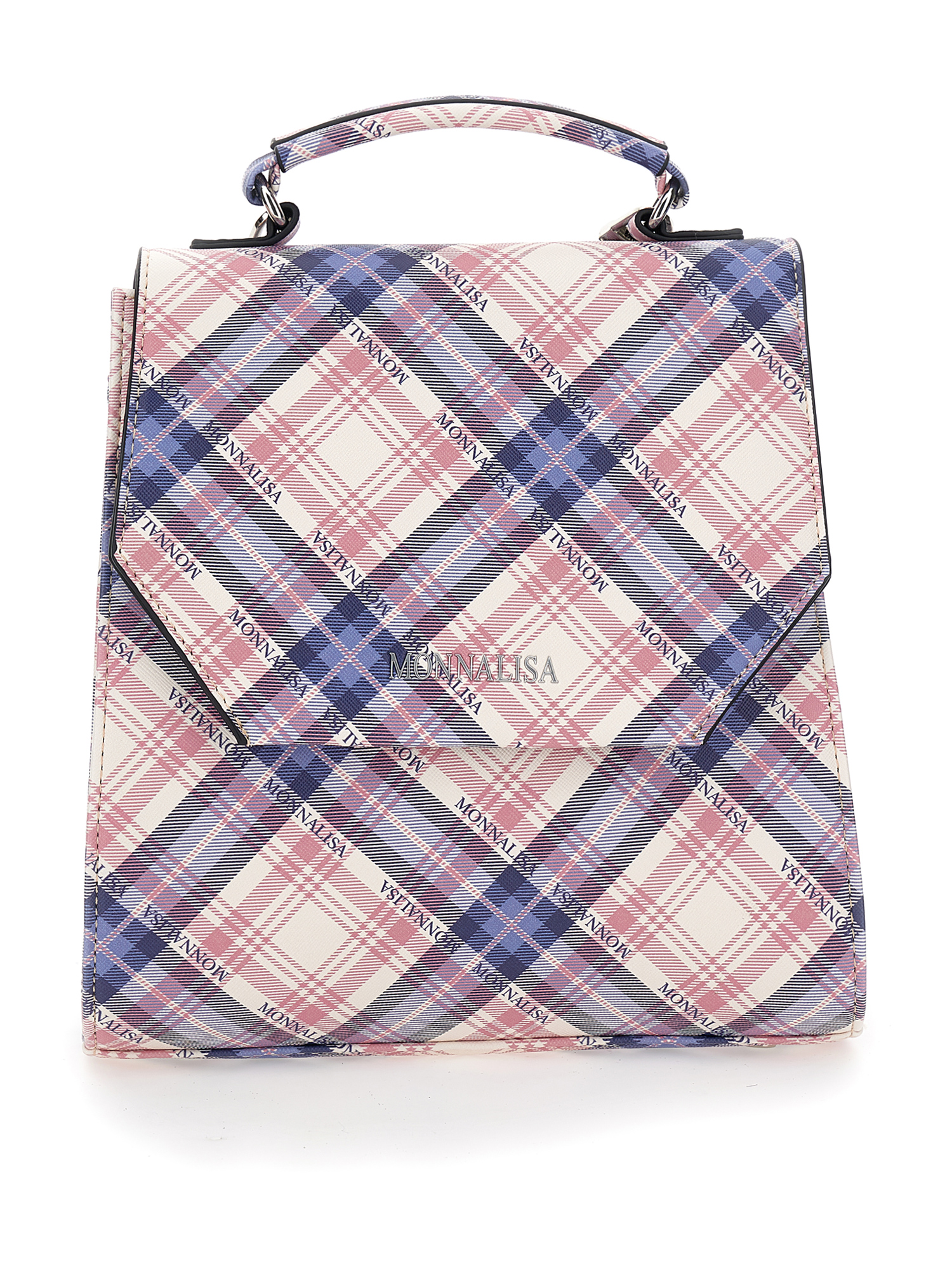 Monnalisa Tartan Fabric Backpack In Navy Blue + Cyclamen
