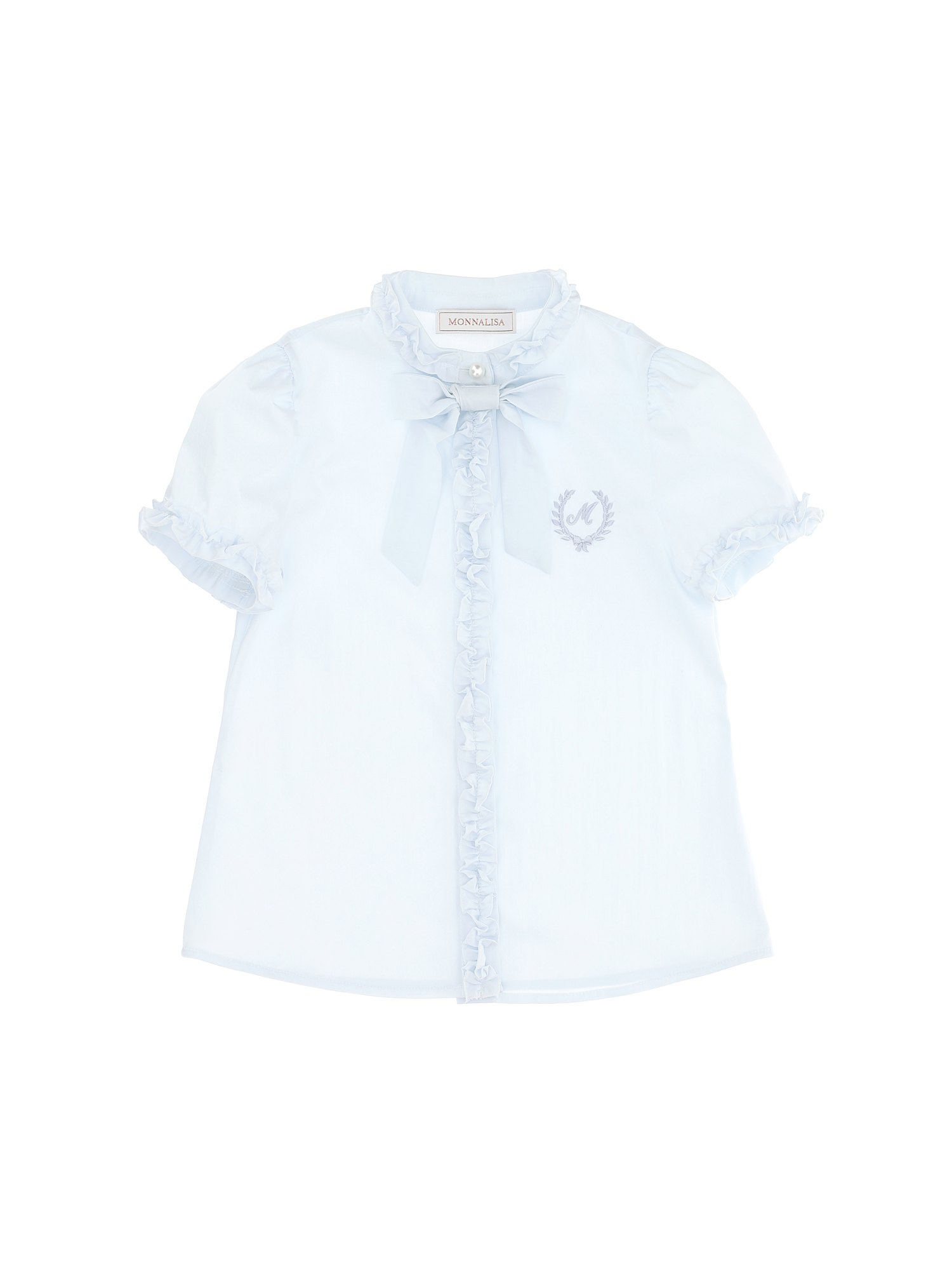 Monnalisa Poplin Shirt With Ruffles And Bow In Light Blue
