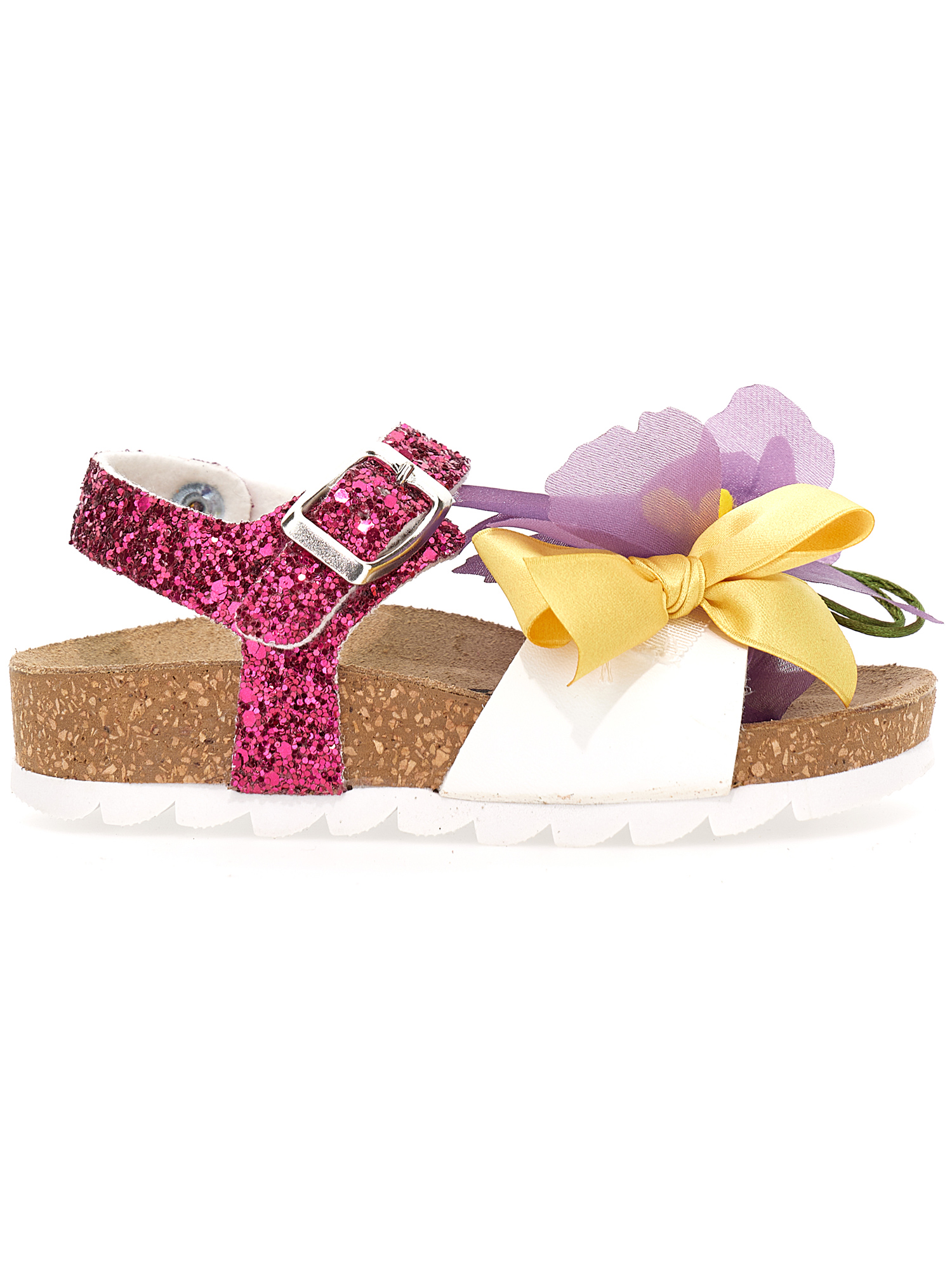 Monnalisa Glitter Sandals With Flowers In Multicolor