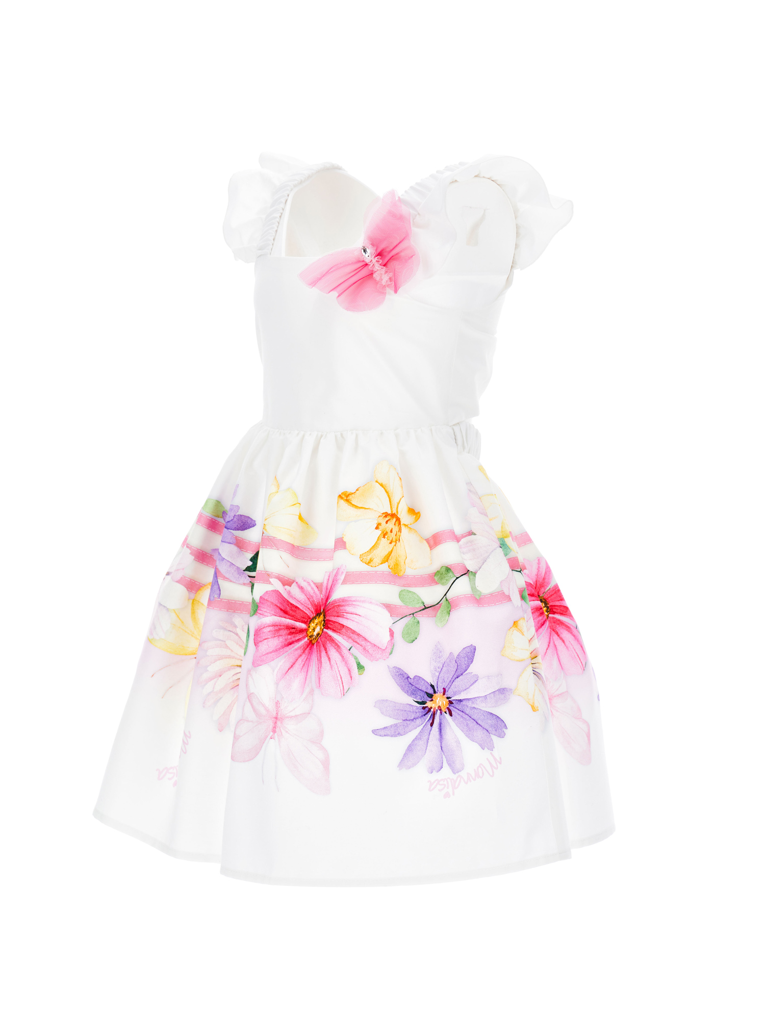 Shop Monnalisa Floral Poplin Dress With Butterfly In White + Multicolor