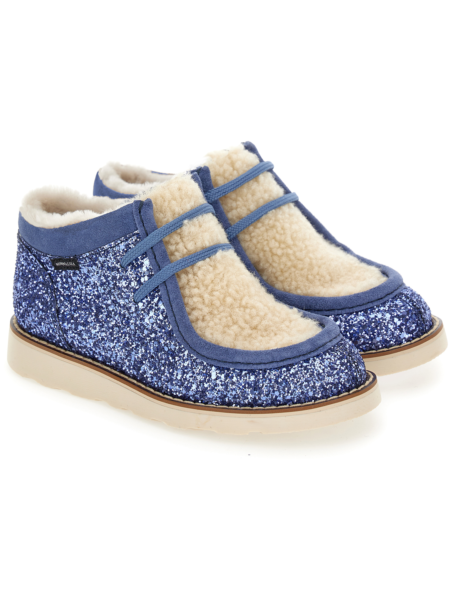Monnalisa Sheepskin Rhinestone Lace-up Shoes In Blue