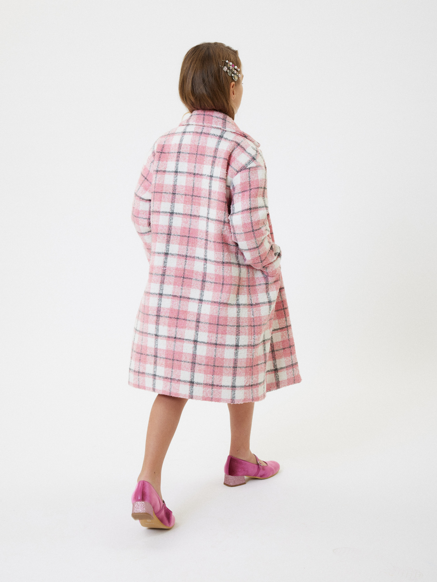 Monnalisa Tartan Bouclé Coat In Violet + Light Grey