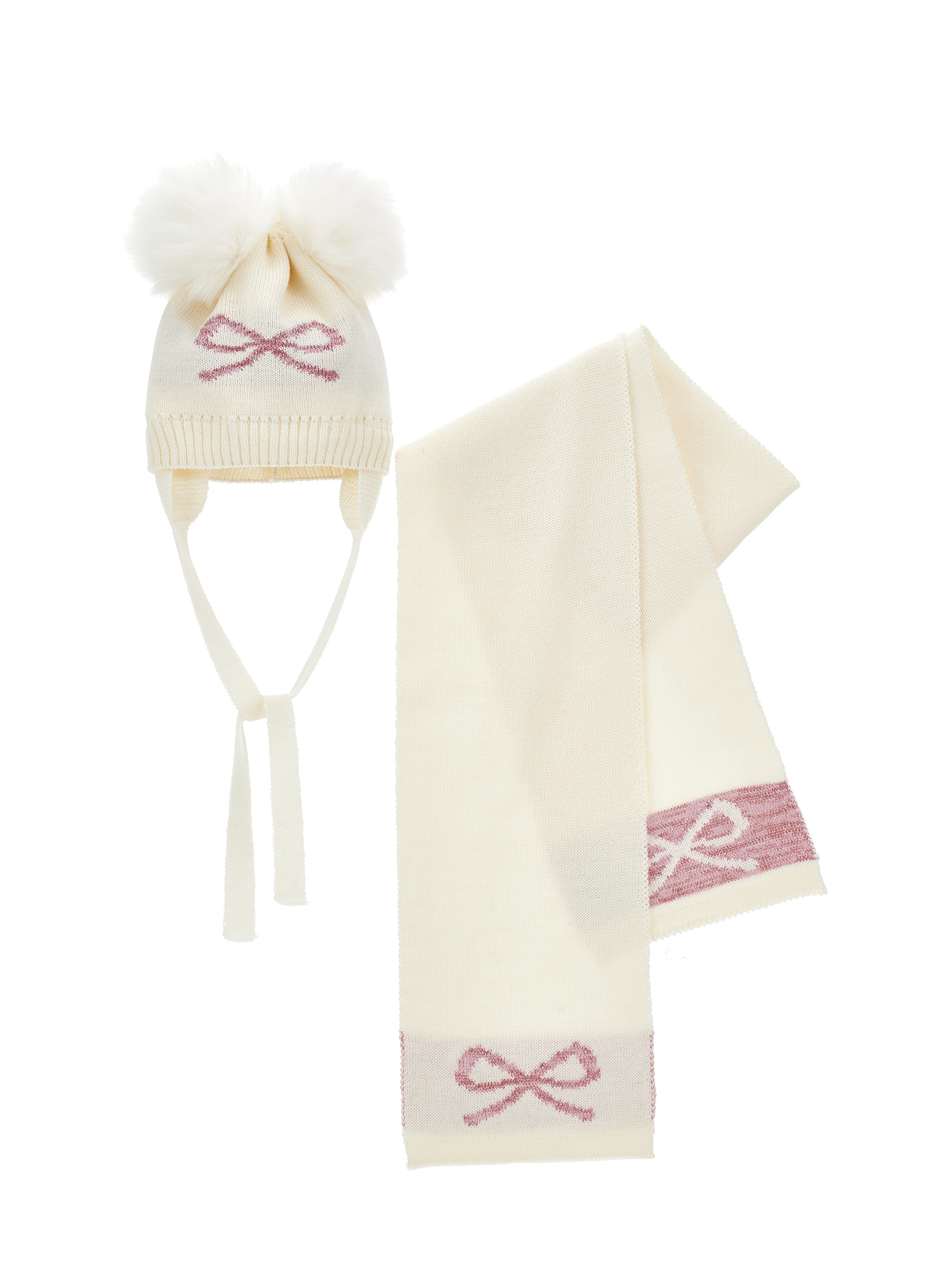Monnalisa Wool Blend And Lurex Set In Cream + Pink