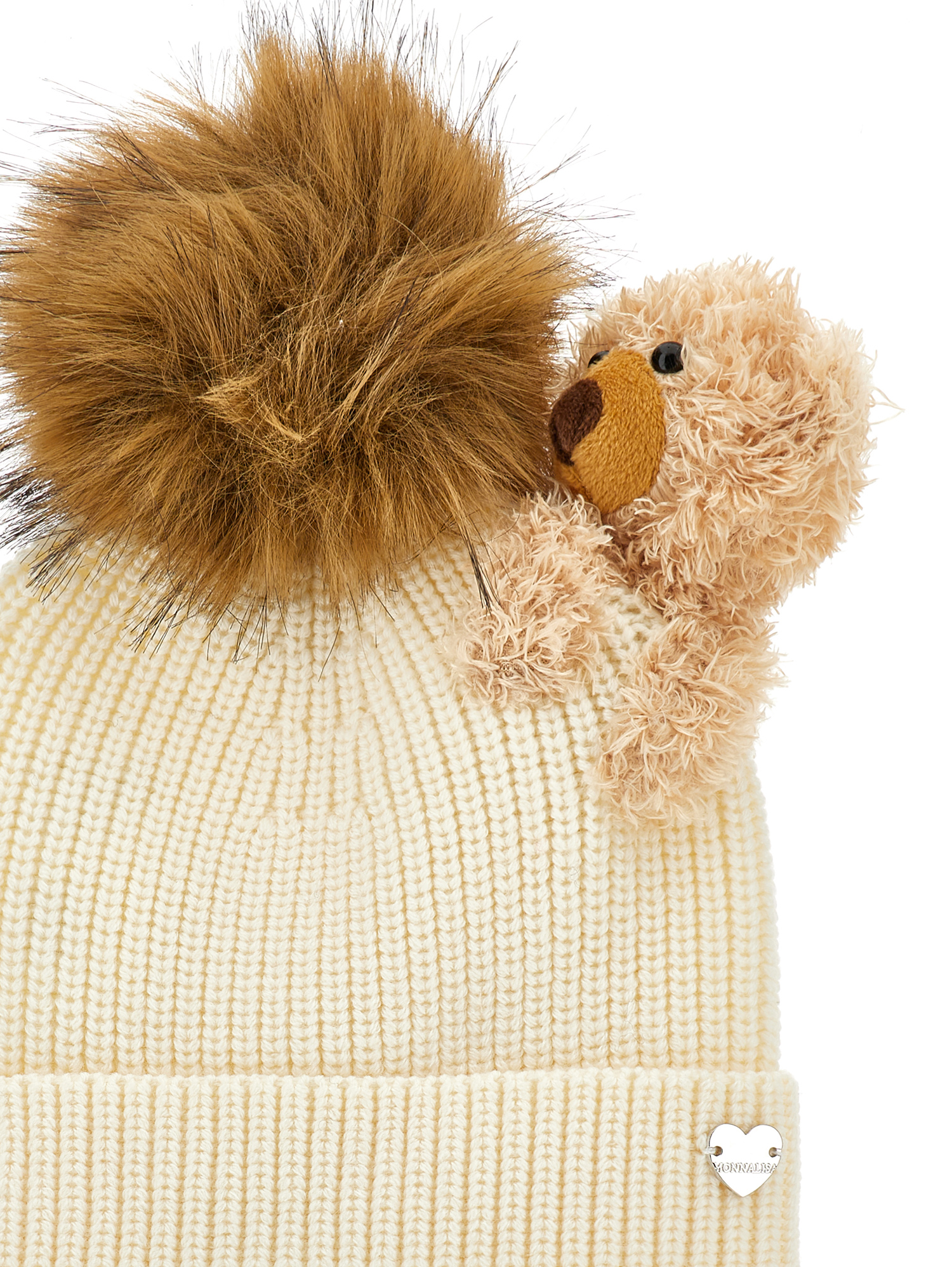 Monnalisa Knitted Hat With Pompom And Teddy Bear In Neutral