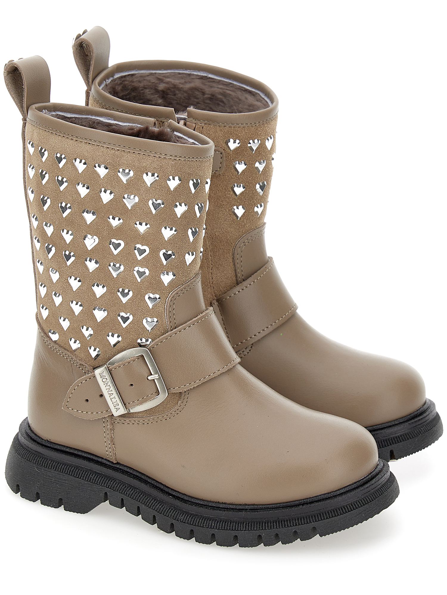 Monnalisa Leather Boots With Studs And Sheepskin In Dove Grey
