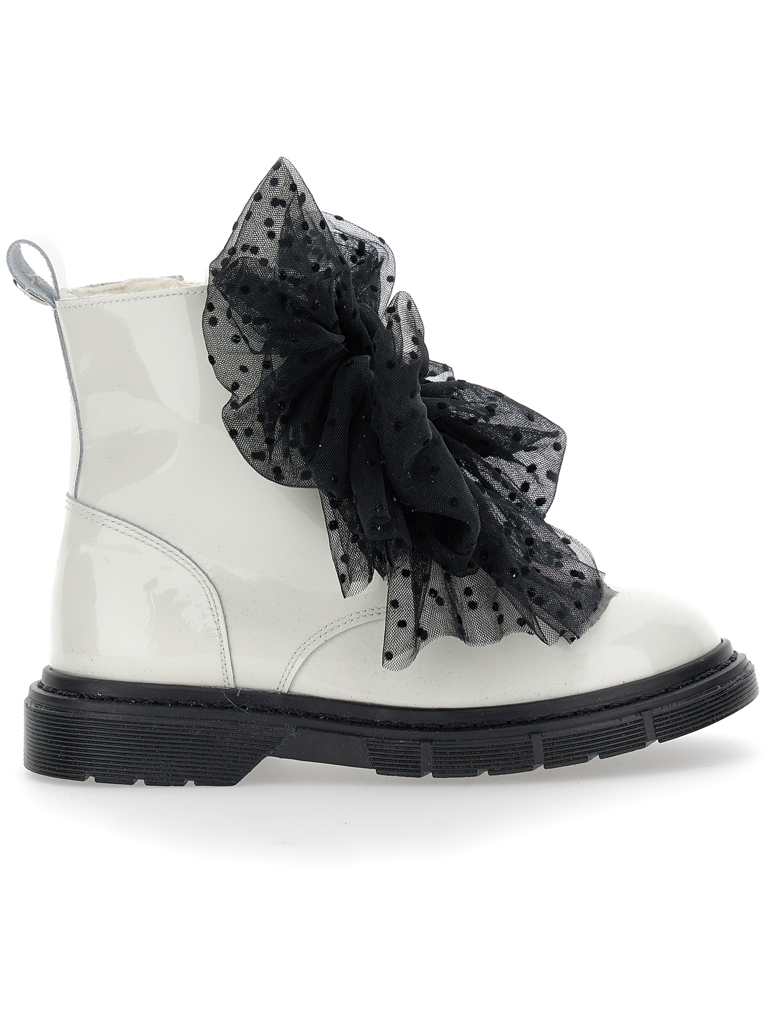 Monnalisa Sheepskin And Leather Combat Boots With Bows In Cream + Black