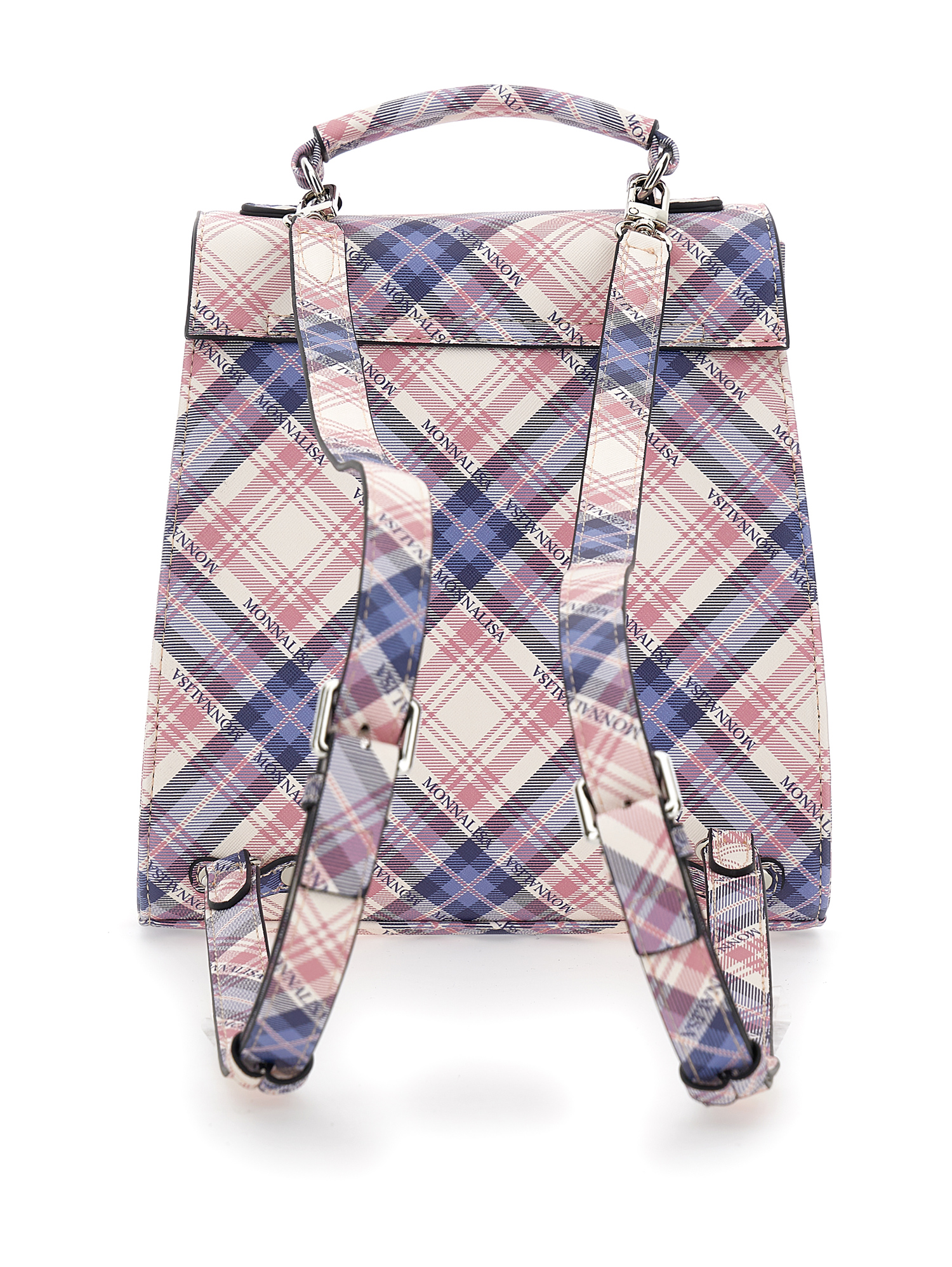 Monnalisa Tartan Fabric Backpack In Navy Blue + Cyclamen