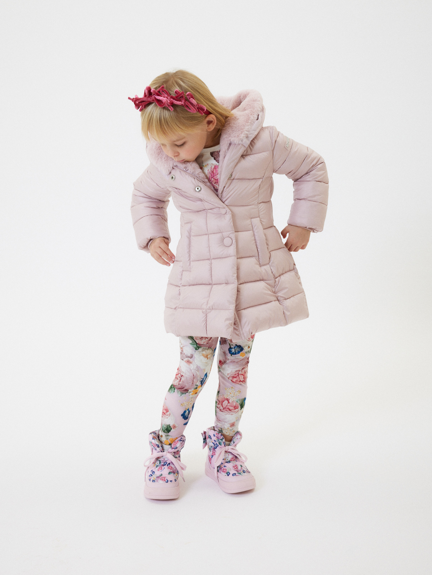 Monnalisa Technical Fabric And Plush Padded Coat In Cyclamen