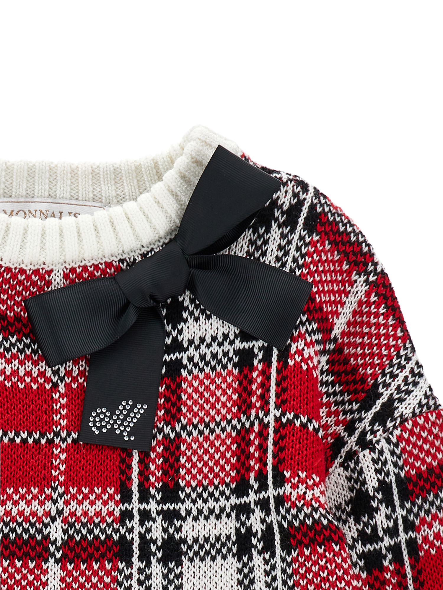 Monnalisa Tartan Wool Blend Sweater In Red + Cream