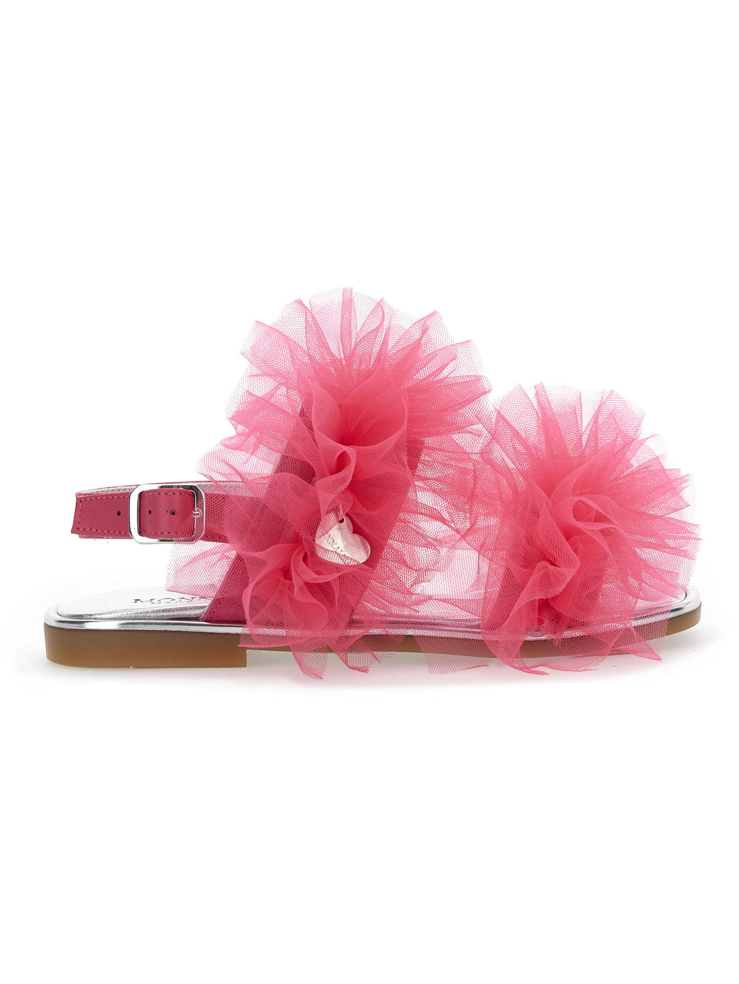Monnalisa Nappa Leather Sandals With Tulle Ruffles In Fuchsia